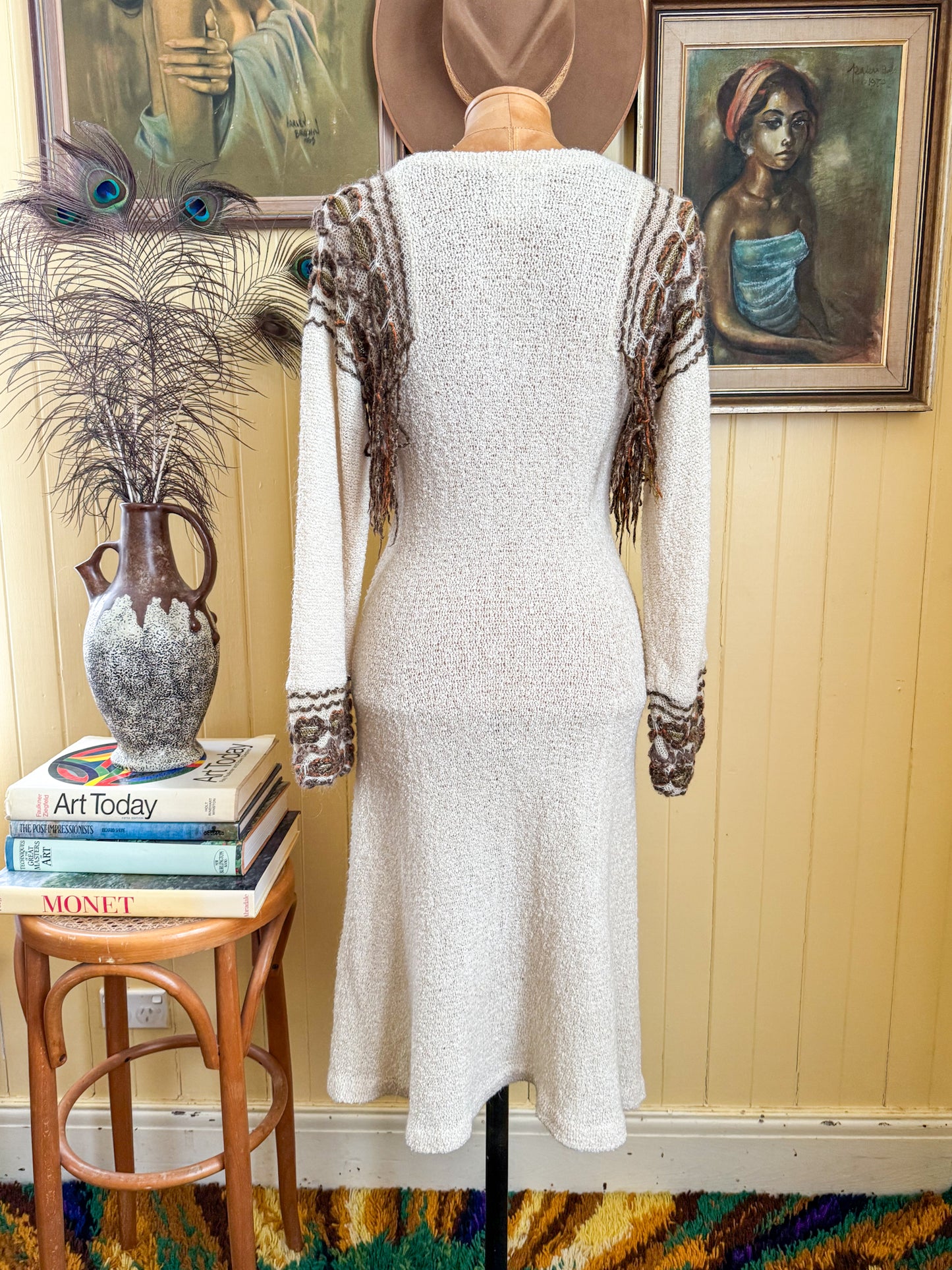 VINTAGE 1980S CROCHETTA OPEN WEAVE BOUCLE FRINGE KNIT MIDI DRESS S