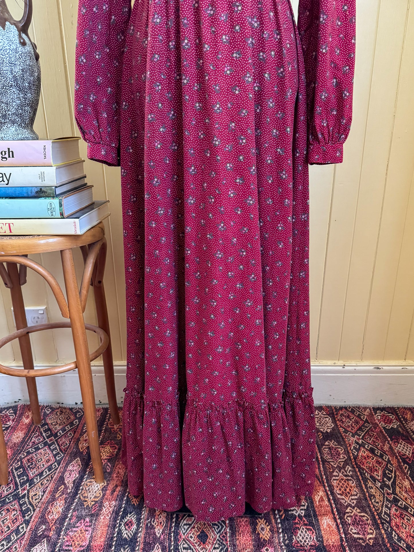 VINTAGE 1970S GUNNE SAX FLORAL PRINT COTTON + LACE PRAIRIE MAXI DRESS S