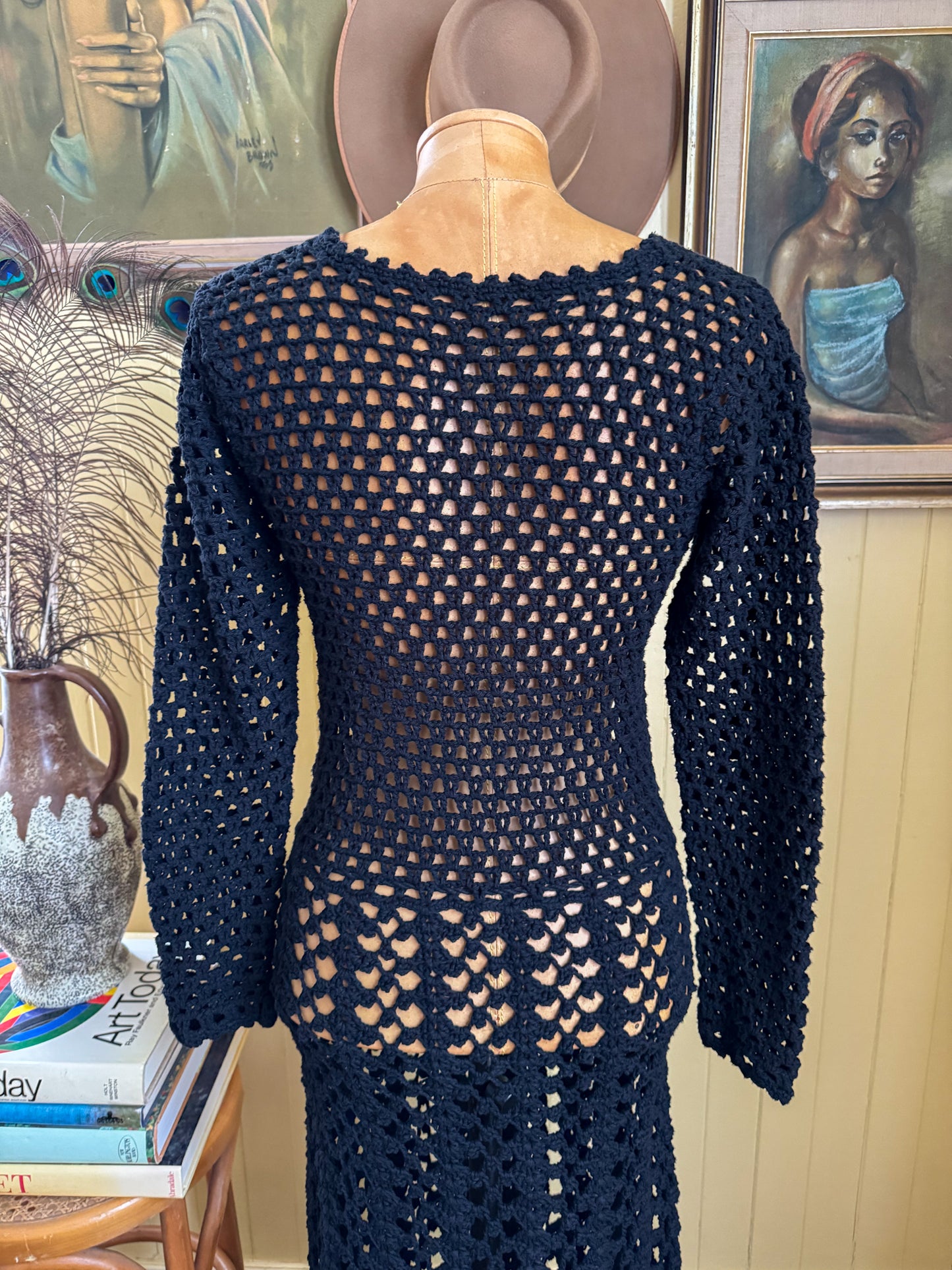 VINTAGE 1970S COTTON CROCHET OPEN WEAVE MAXI DRESS XS