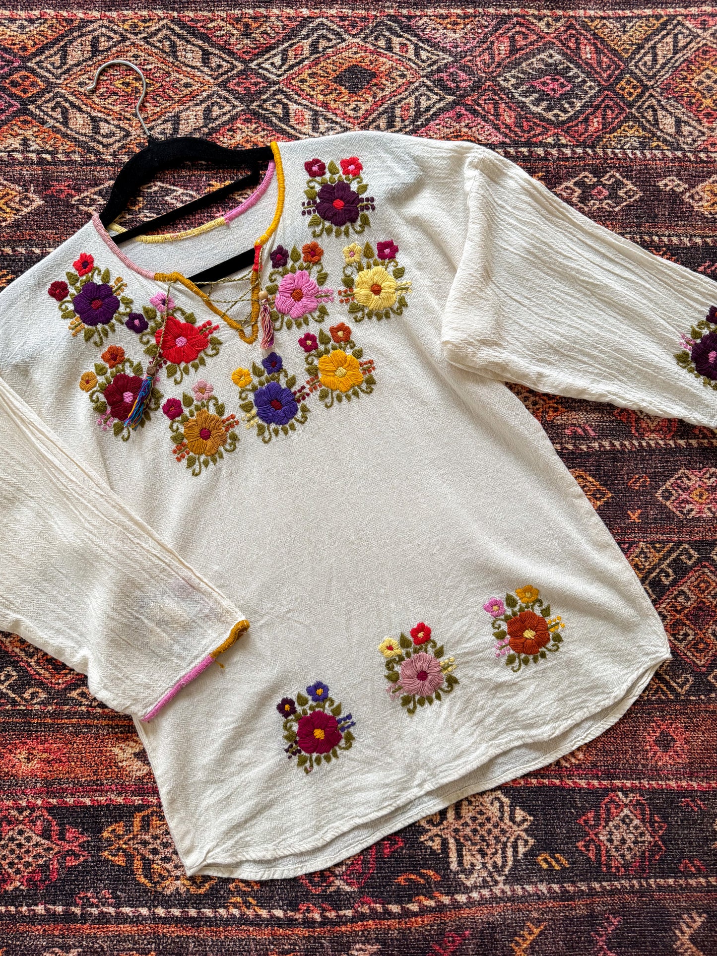 VINTAGE MEXICAN COTTON EMBROIDERED LONG SLEEVE FOLK BLOUSE S