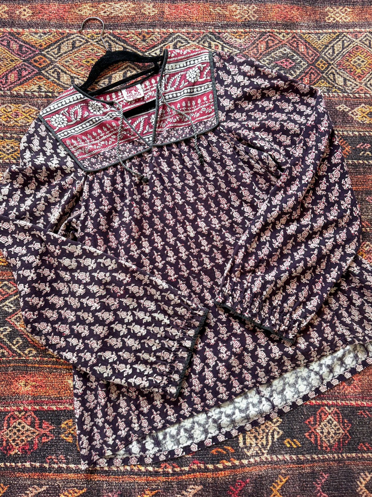 VINTAGE 1970S MALIKA INDIAN COTTON BLOCK PRINT FOLK BLOUSE S/M