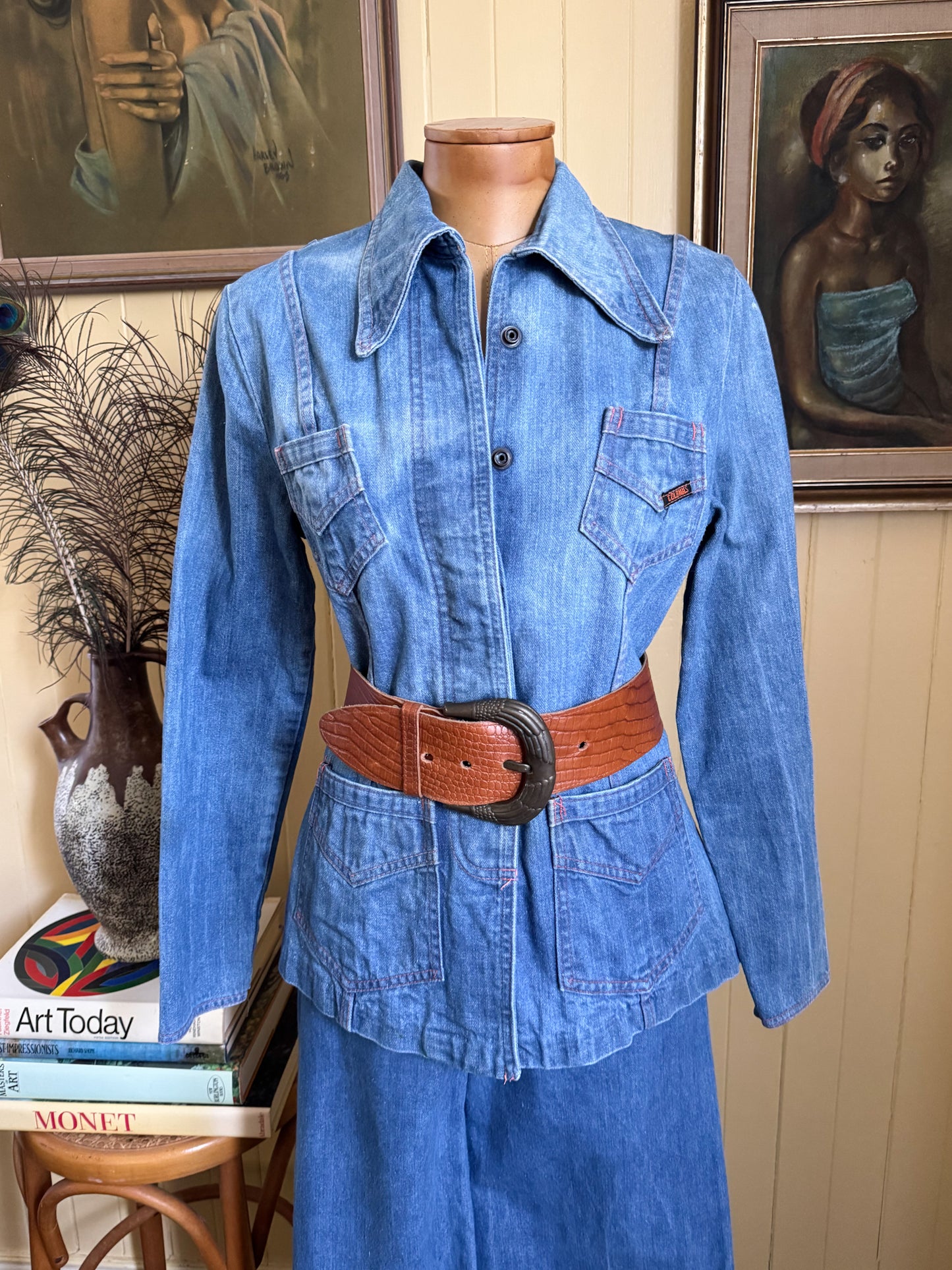 VINTAGE 1980S TAN WIDE LEATHER CROC EFFECT WAIST BELT M