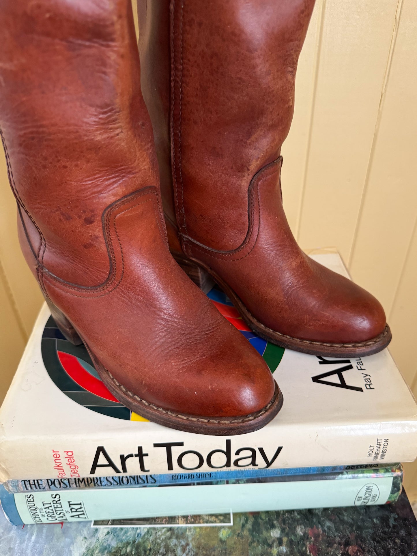 VINTAGE ROMANIAN CAMPUS CHESTNUT LEATHER BLOCK HEEL BOOTS 6.5/37.5