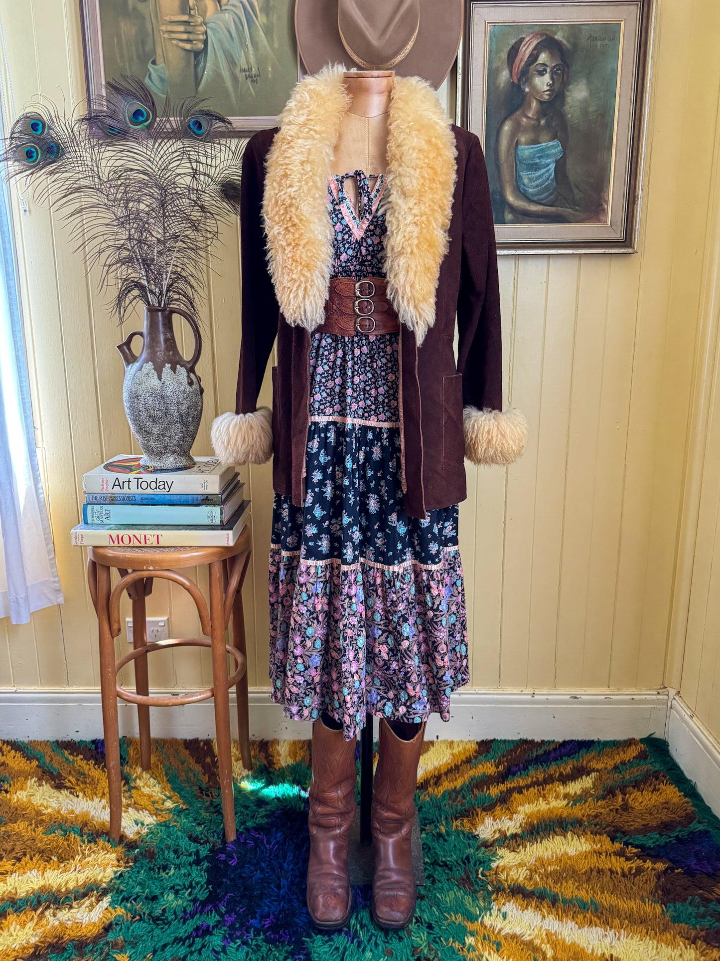 VINTAGE 1970S MCPHAIL + FISHER NZ SUEDE LEATHER SHEARLING PENNY LANE WRAP JACKET S/M