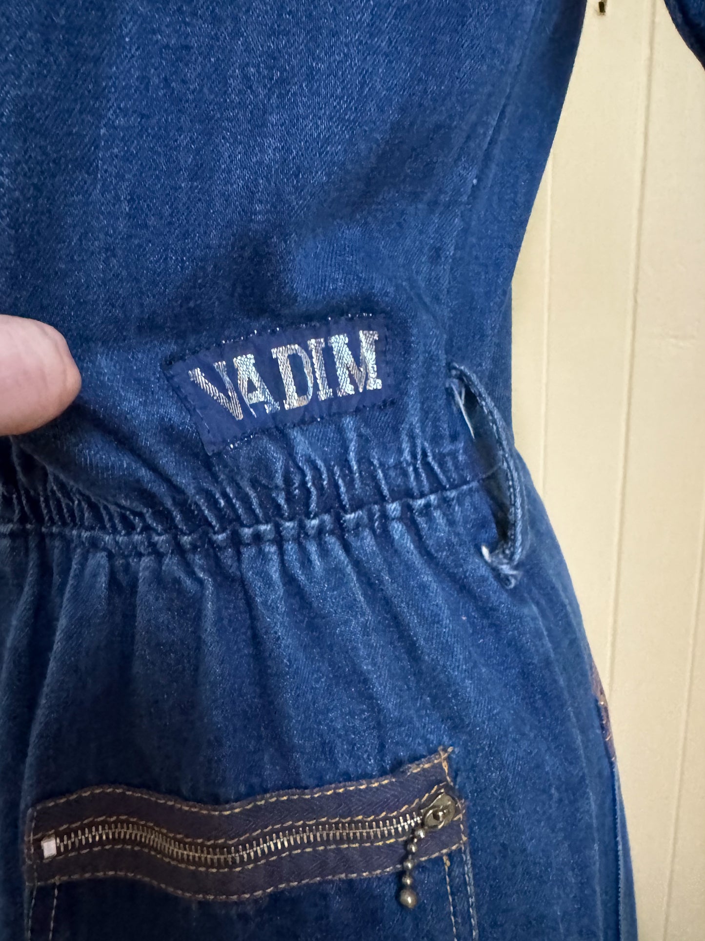 VINTAGE 1970S VADIM AUSTRALIAN COTTON DENIM WIDE LEG JUMPSUIT S/M