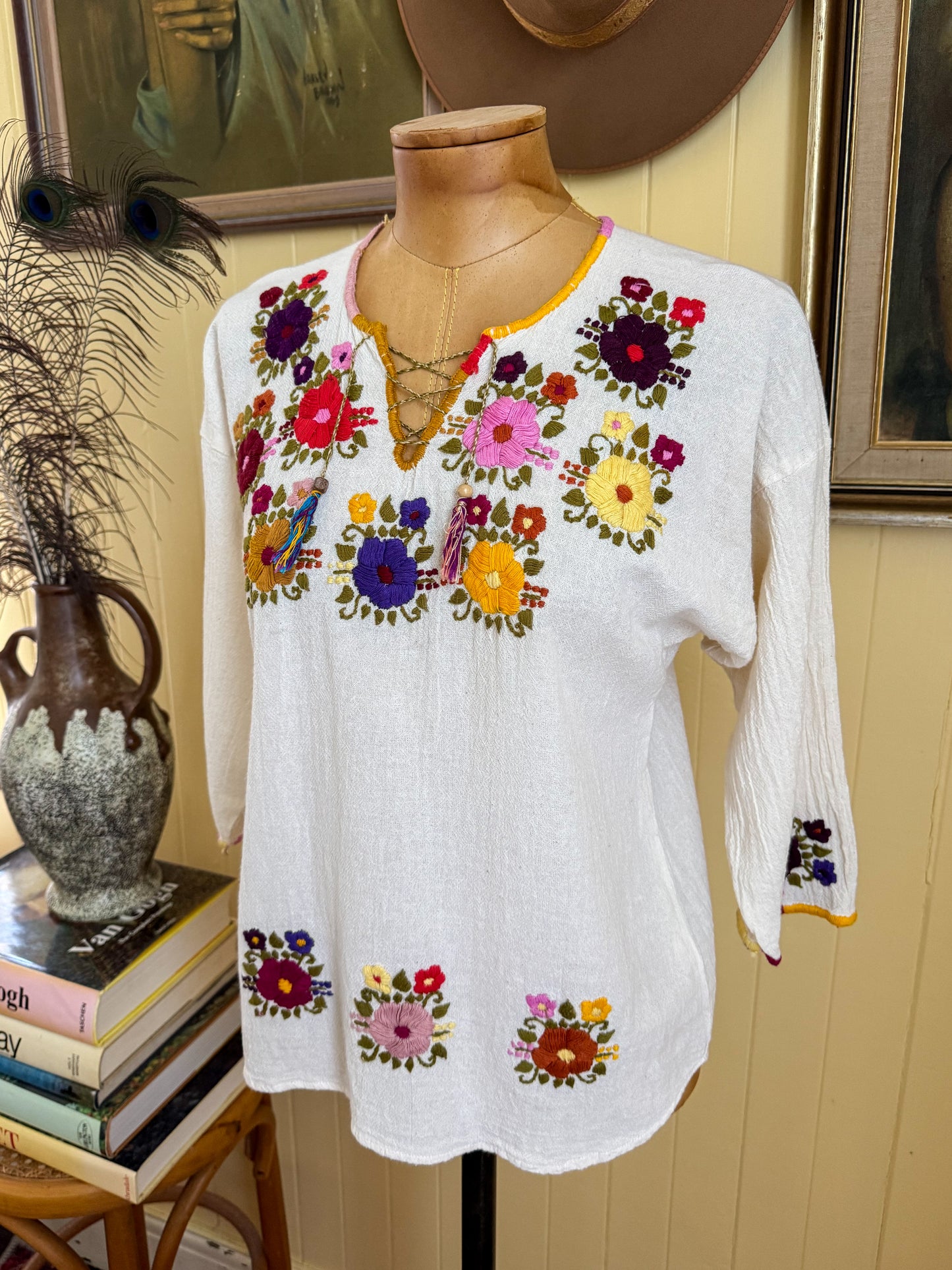 VINTAGE MEXICAN COTTON EMBROIDERED LONG SLEEVE FOLK BLOUSE S