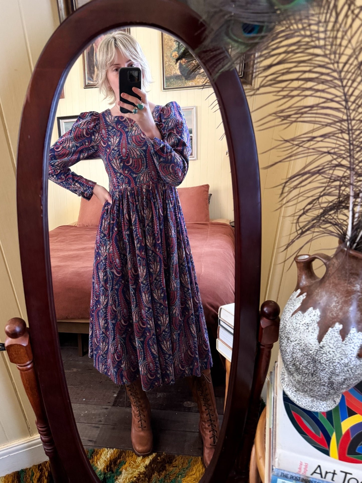 VINTAGE 1980S ENGLISH LAURA ASHLEY COTTON CORDUROY PAISLEY PRAIRIE DRESS S