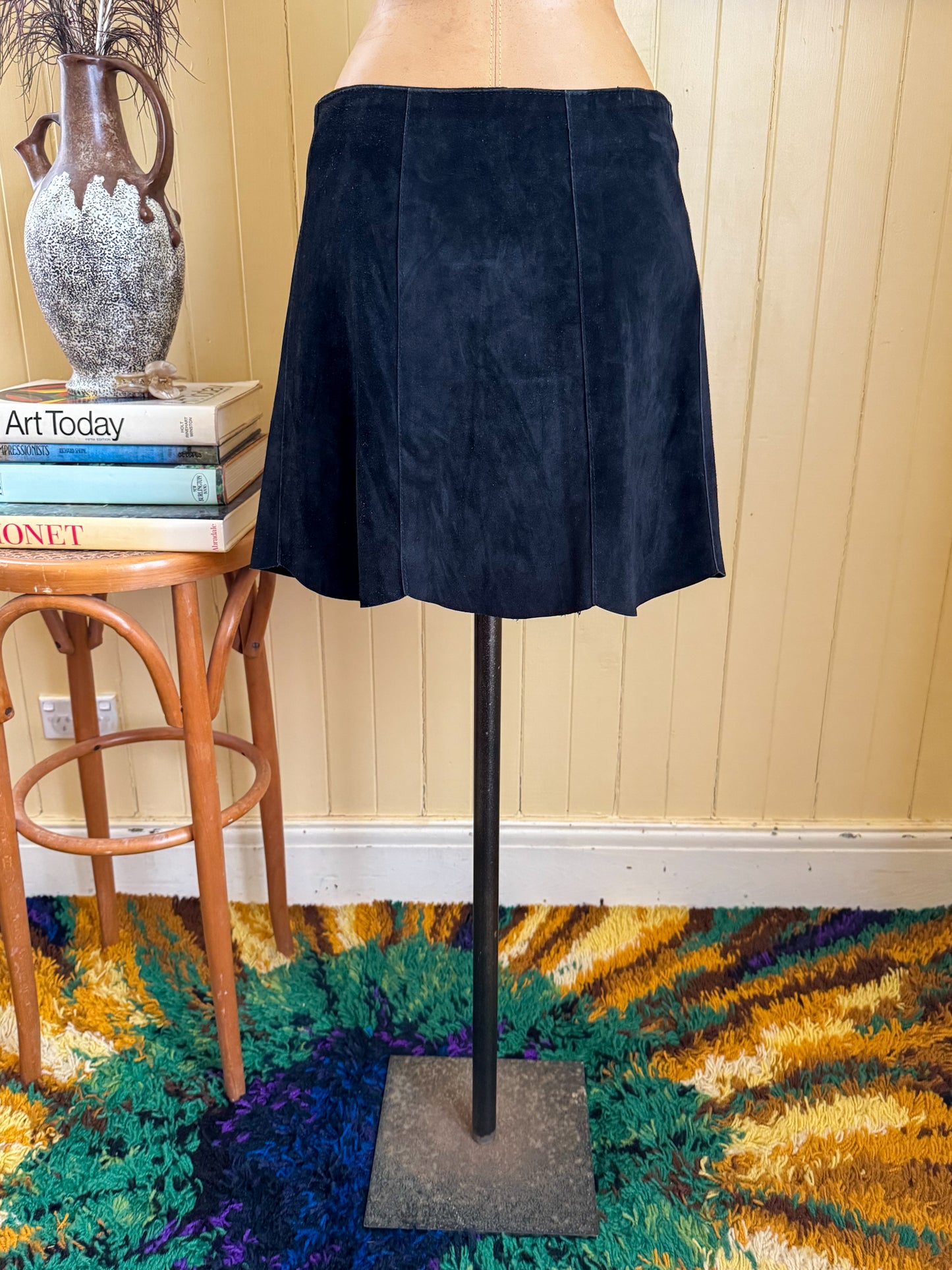 VINTAGE 1990S SUEDE LEATHER PANELLED BUTTON THROUGH MINI SKIRT M/L