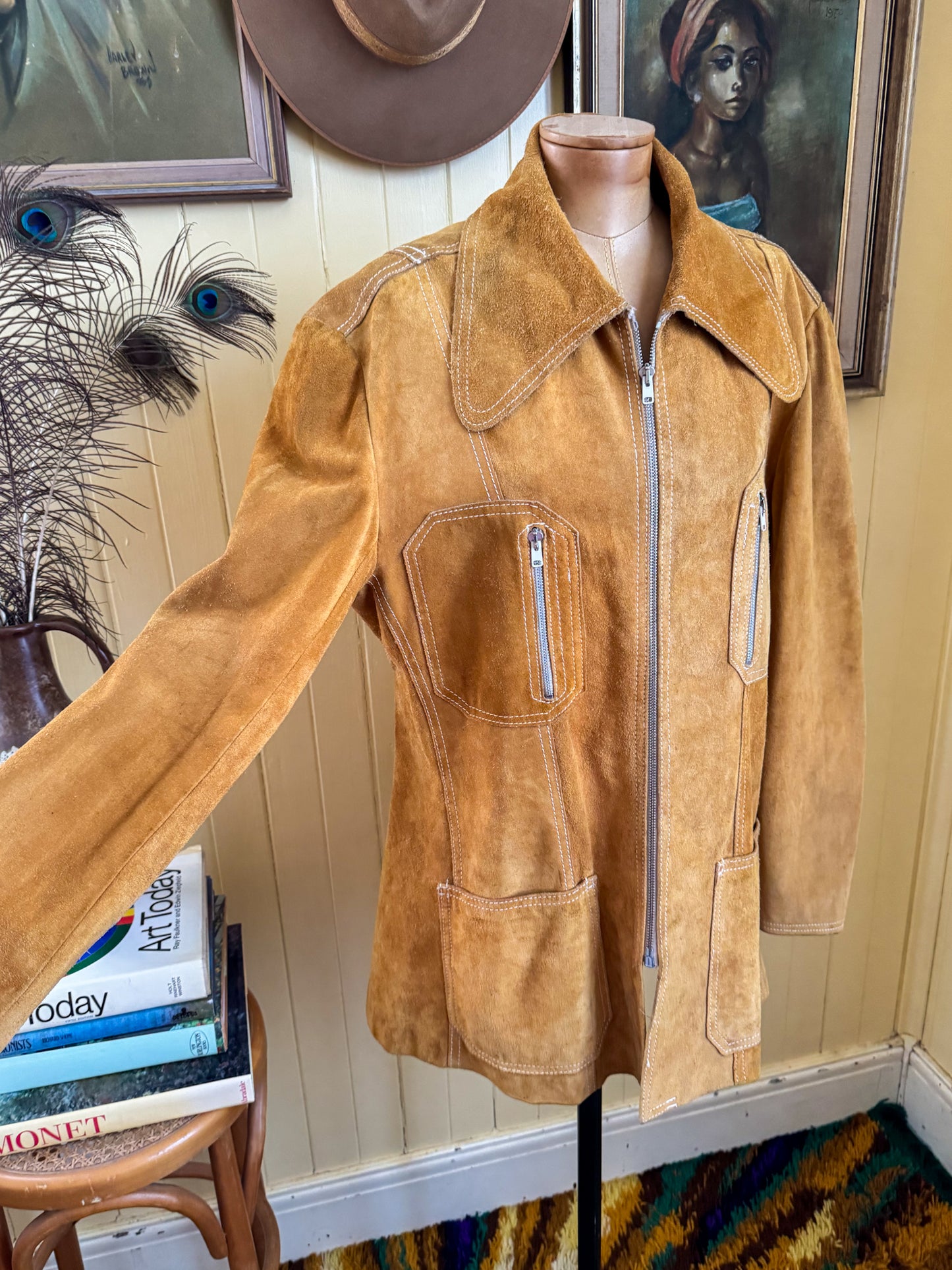 VINTAGE 1970S RAGE MUSTARD SUEDE LEATHER OVERSIZED COLLAR TAILORED JACKET L