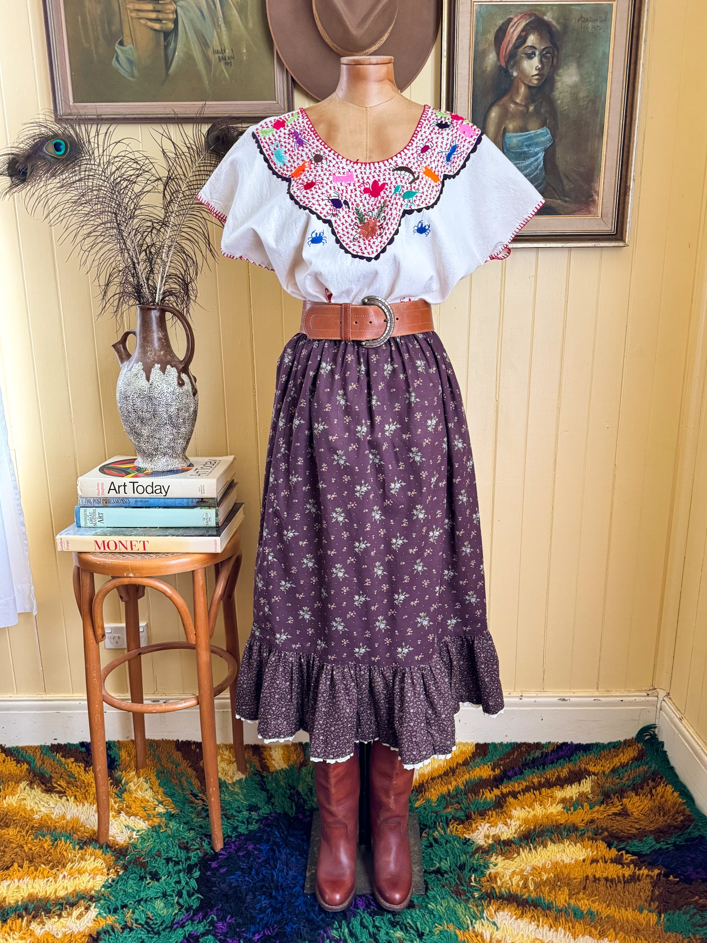 HANDMADE MEXICAN NATURAL COTTON EMBROIDERED HUIPIL TOP L/XL