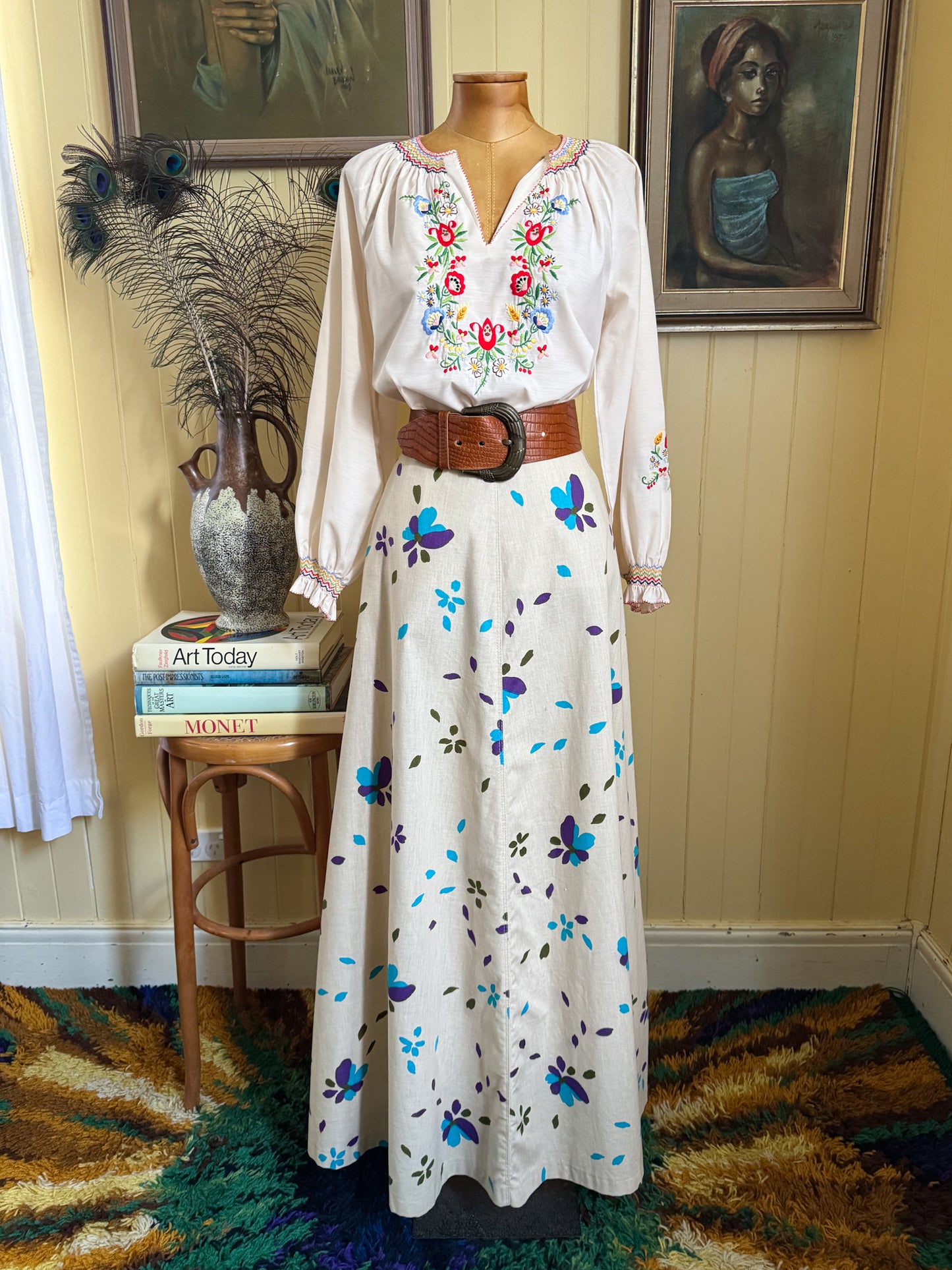 VINTAGE 1970S FINNISH COTTON ABSTRACT FLORAL PRINT MAXI SKIRT S