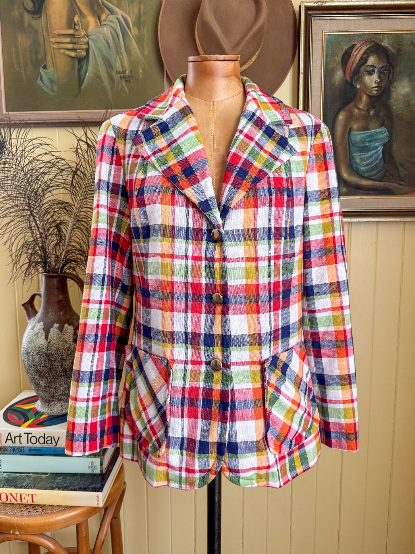 VINTAGE 1970S VIRGO COTTON PLAID DAGGER COLLAR BLAZER JACKET M