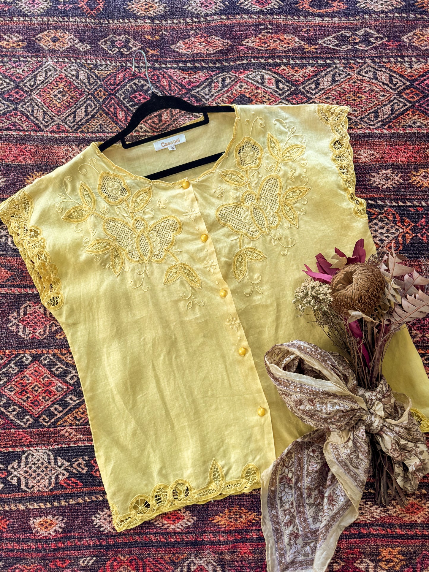 VINTAGE 1990S LINEN BLEND EMBROIDERED CUTOUT BUTTON THROUGH BLOUSE M