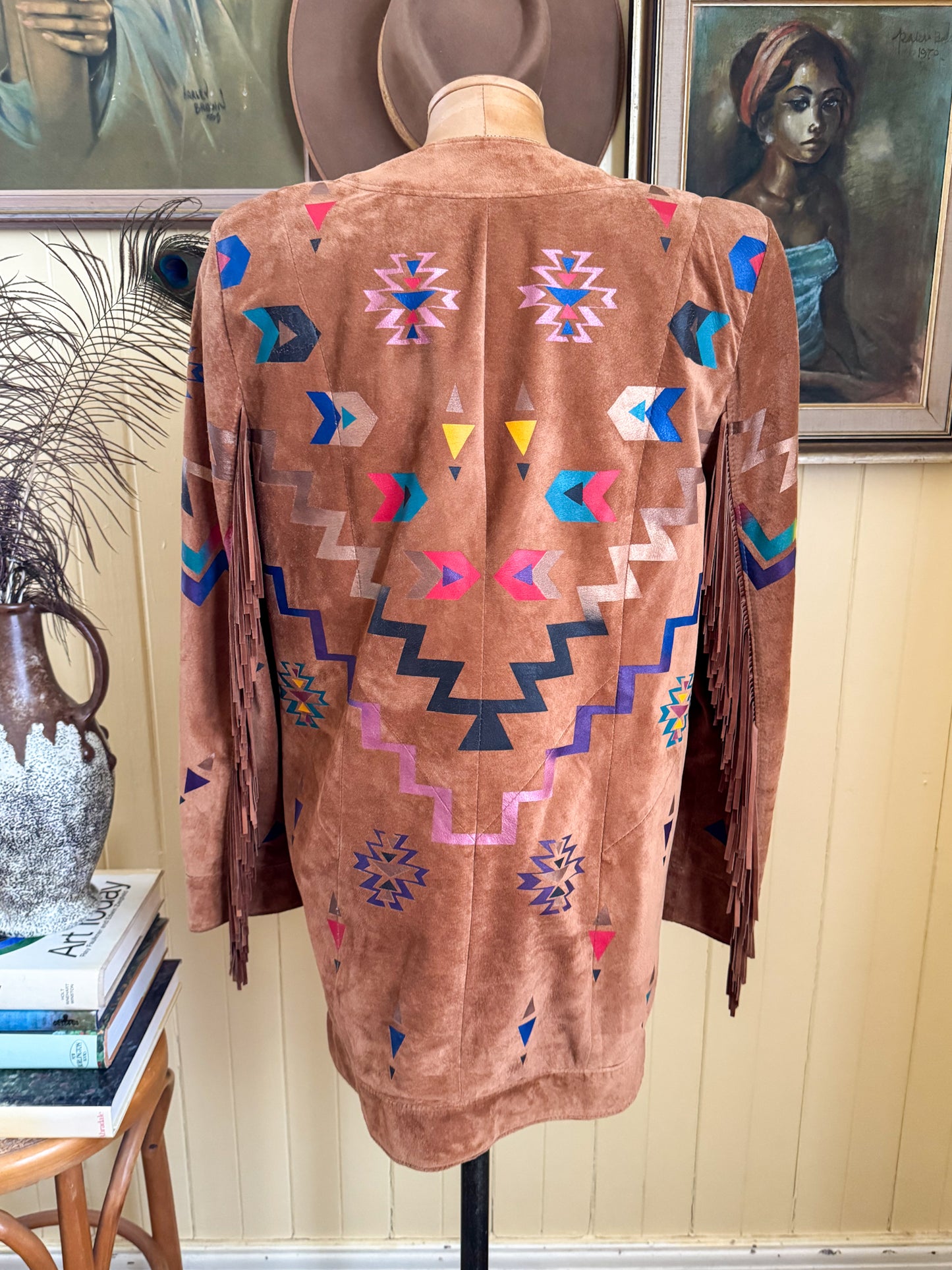 VINTAGE 1980S PANACHE SUEDE FRINGED PAINTED WESTERN JACKET S/M