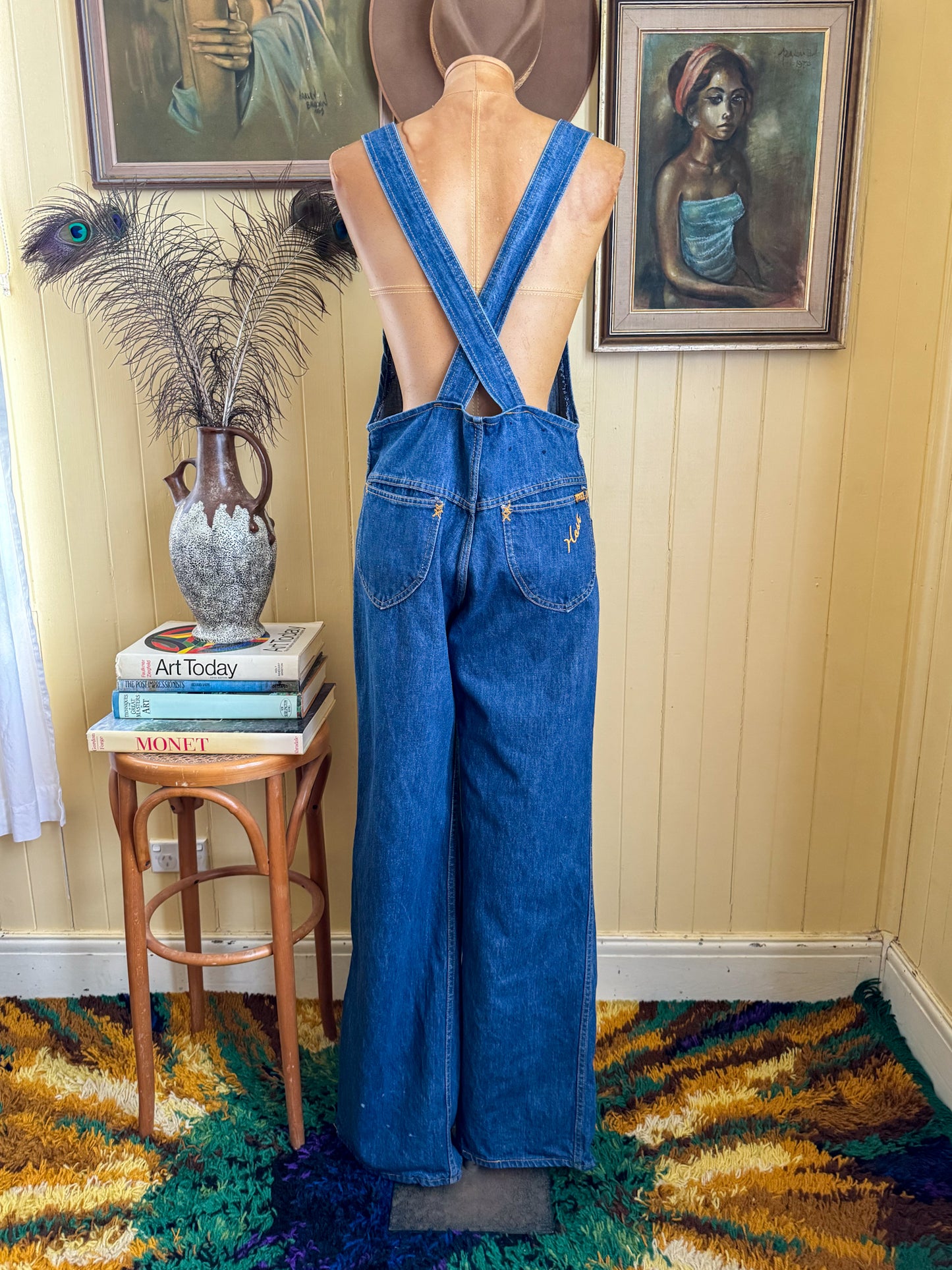VINTAGE 1970S HASH COTTON DENIM WIDE LEG DUNGAREES OVERALLS M