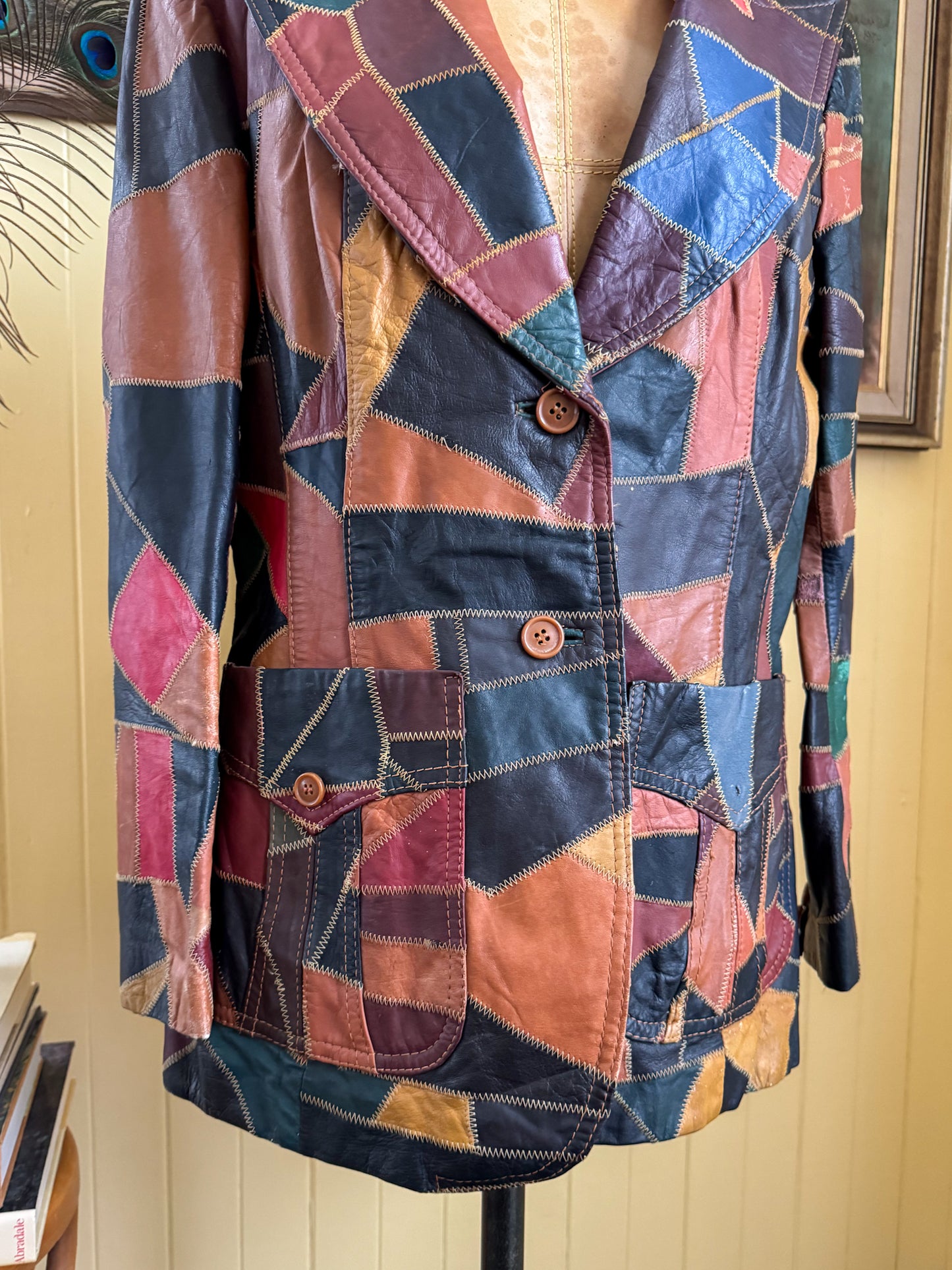 VINTAGE 1970S THE TANNERY KOREAN PATCHWORK LEATHER BLAZER JACKET M