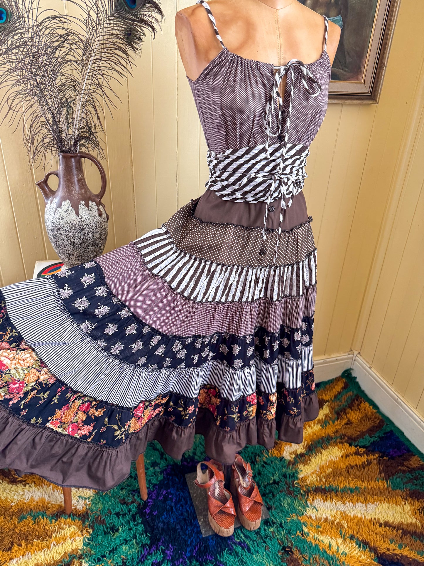 VINTAGE 1970S PRUE ACTON COTTON PATCHWORK TIERED MIDI SUN DRESS S
