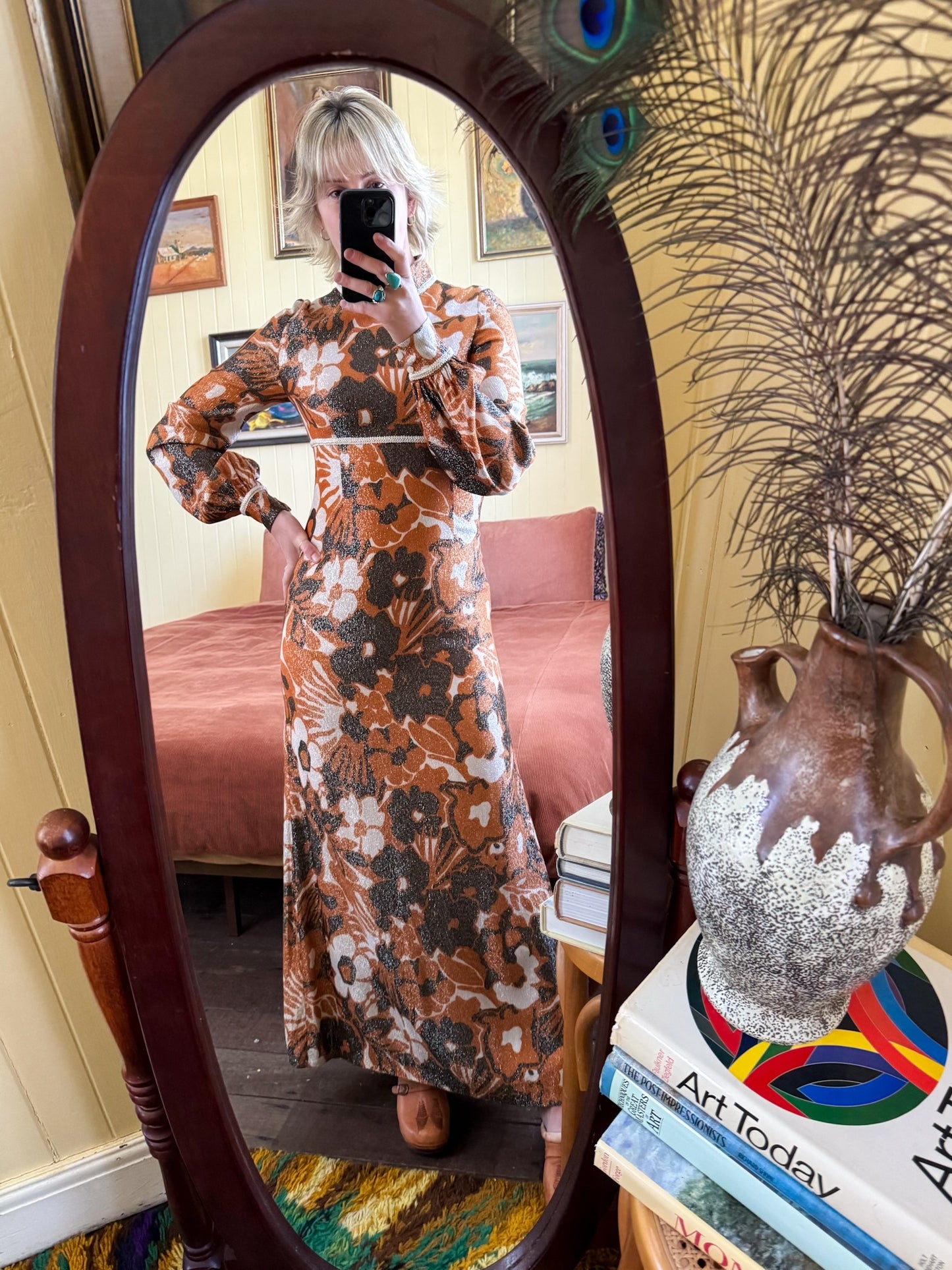 VINTAGE 1960S LUREX PSYCHEDELIC FLORAL PRINT MAXI DRESS S/M