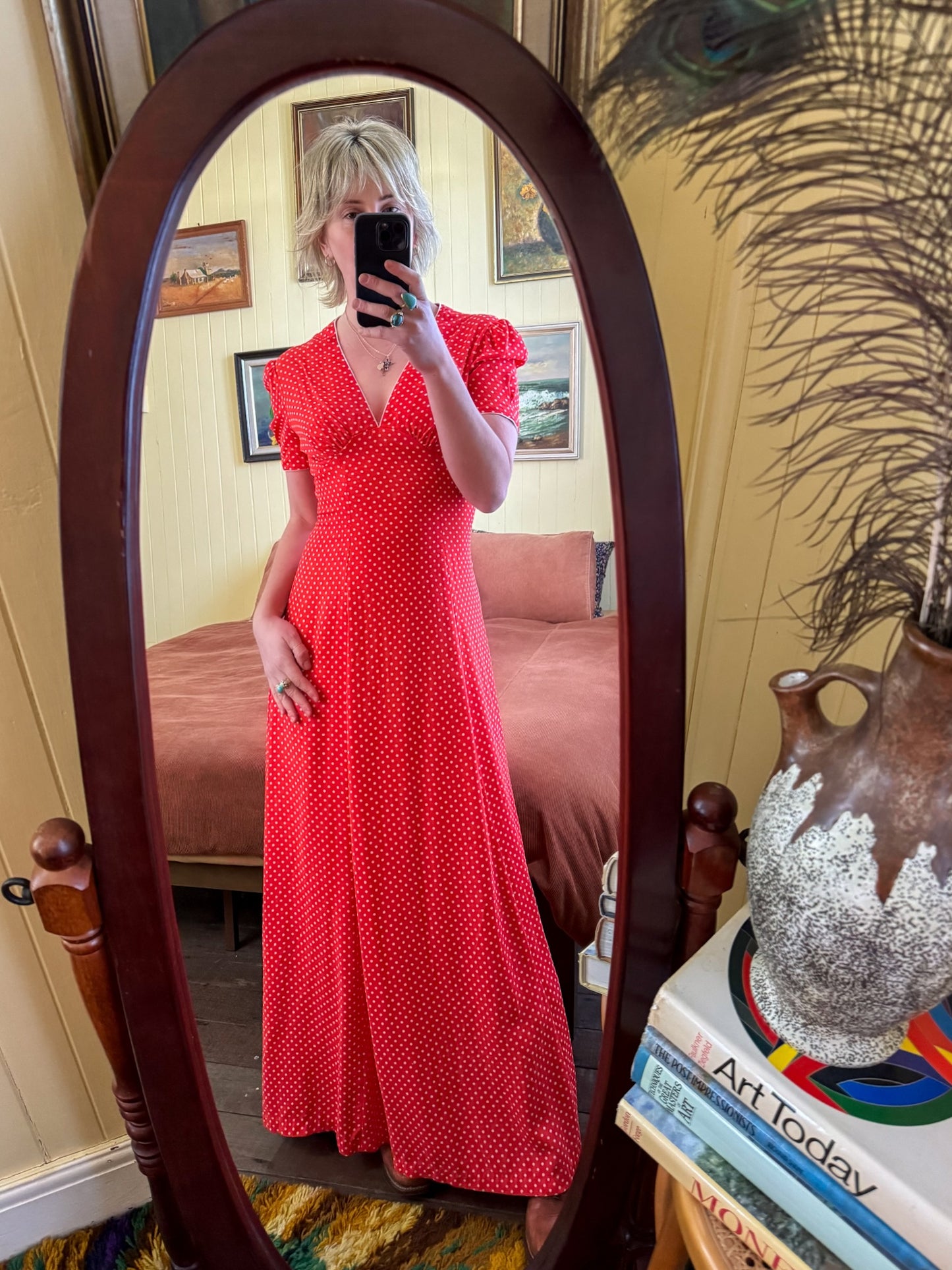 VINTAGE 1970S I-SPY POLY RED POLKA DOT PRINT MAXI DRESS S