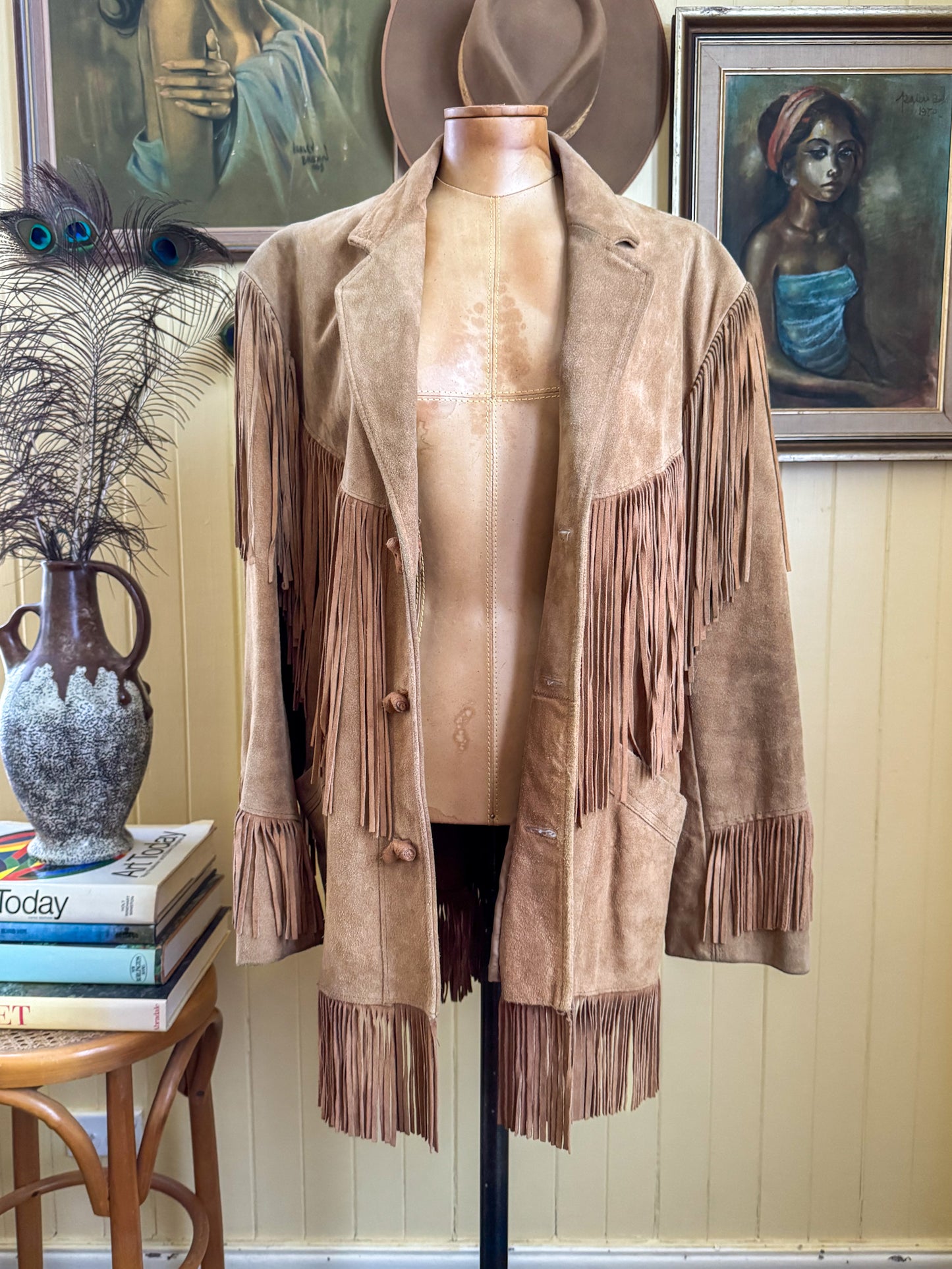 VINTAGE 1980S PIONEER WEAR SUEDE FRINGED WESTERN JACKET XL