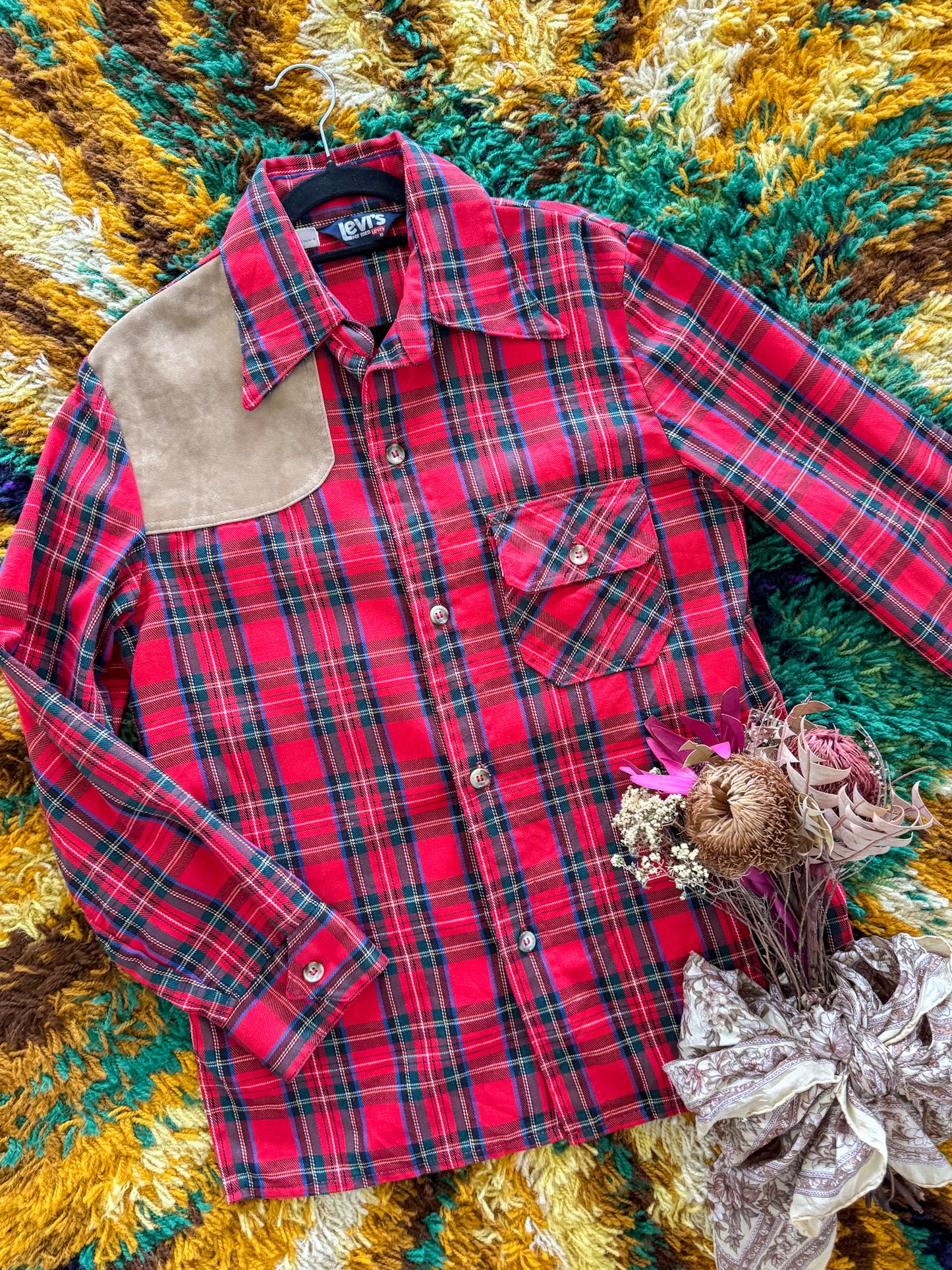 VINTAGE 1970S RARE LEVI’S FOR MEN COTTON/POLY WESTERN PLAID SHIRT M