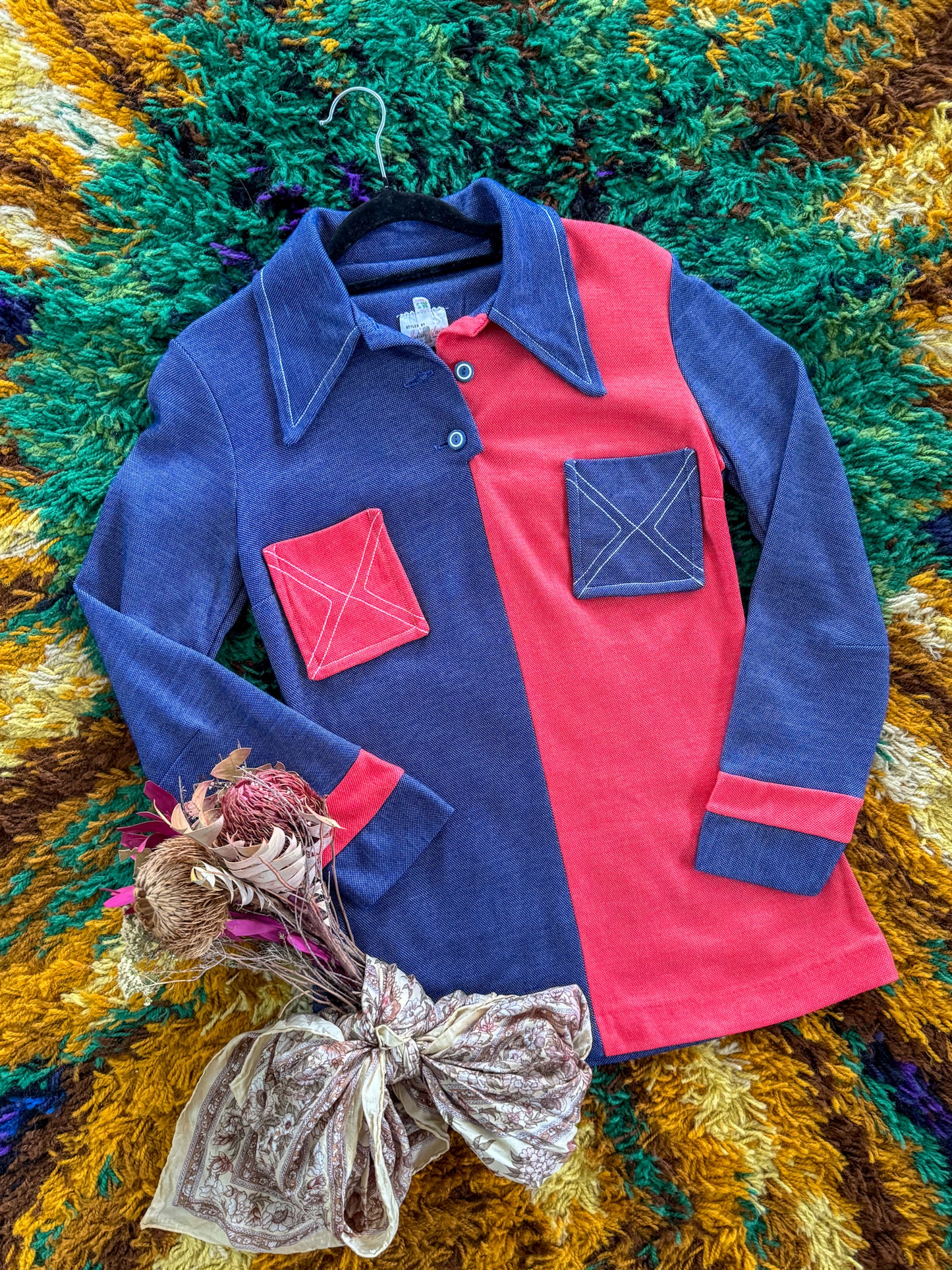 VINTAGE 1960S JULIAN HAYE COLOUR BLOCK COLLARED TUNIC TOP S