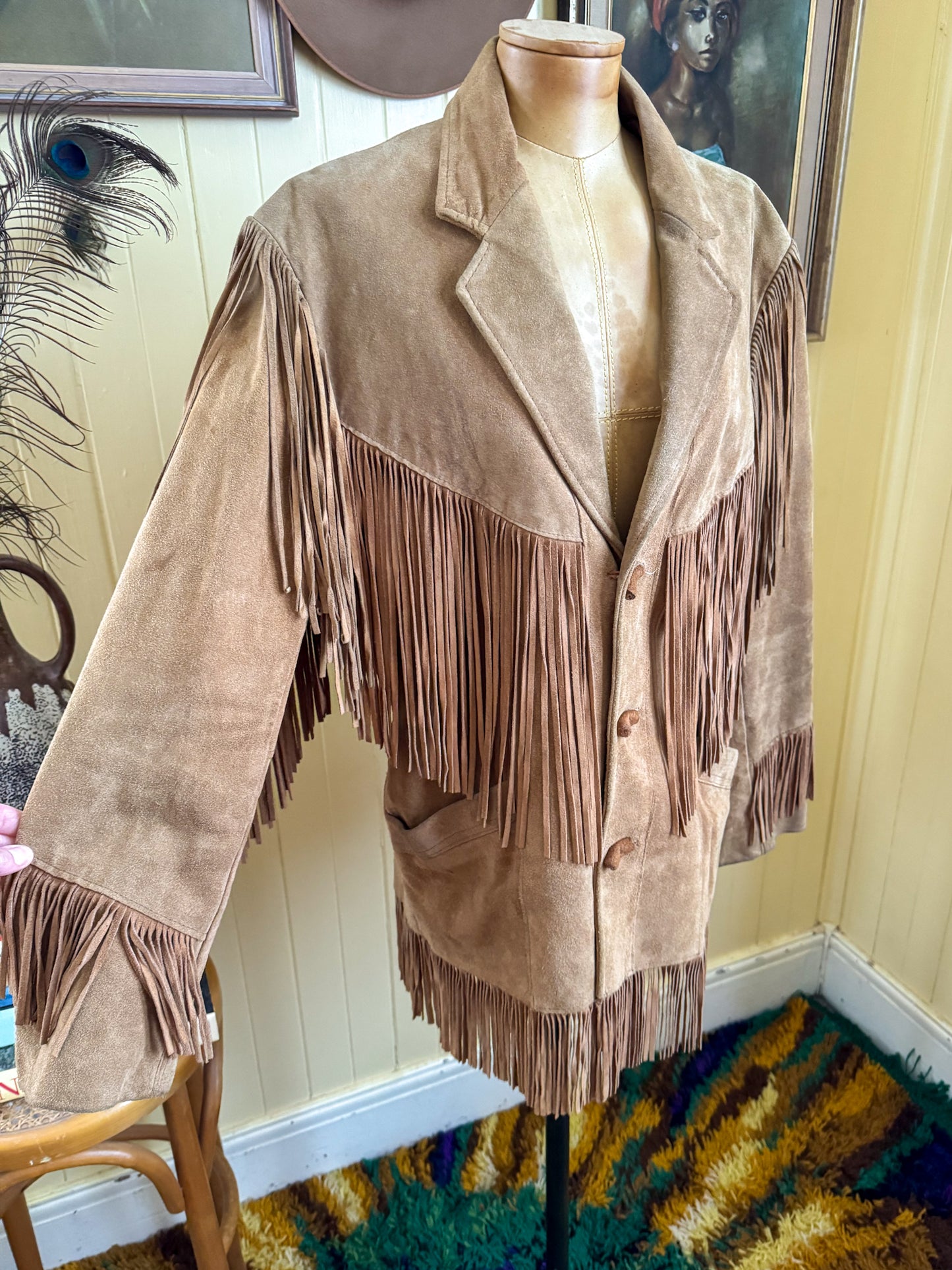 VINTAGE 1980S PIONEER WEAR SUEDE FRINGED WESTERN JACKET XL