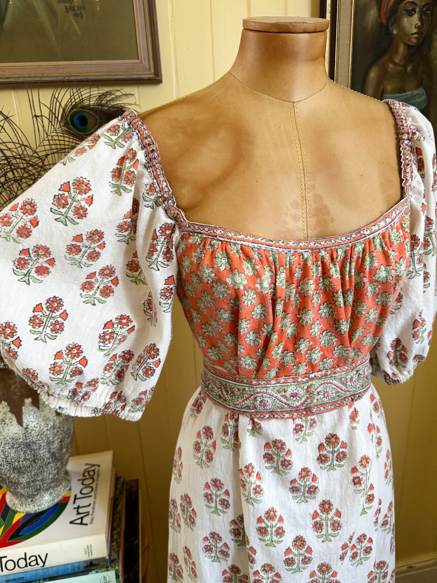 VINTAGE 1970S ANOKHI INDIAN COTTON BLOCK PRINT MAXI DRESS M/L