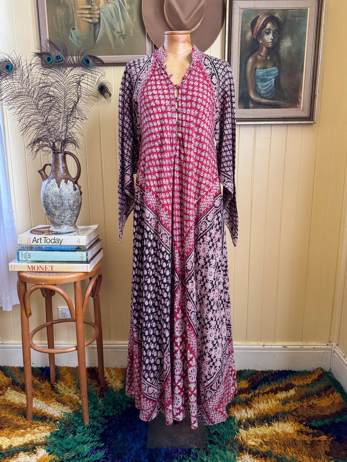 VINTAGE 1960S INDIA IMPORTS COTTON GAUZE BLOCK PRINT MAXI KAFTAN DRESS ONE SIZE
