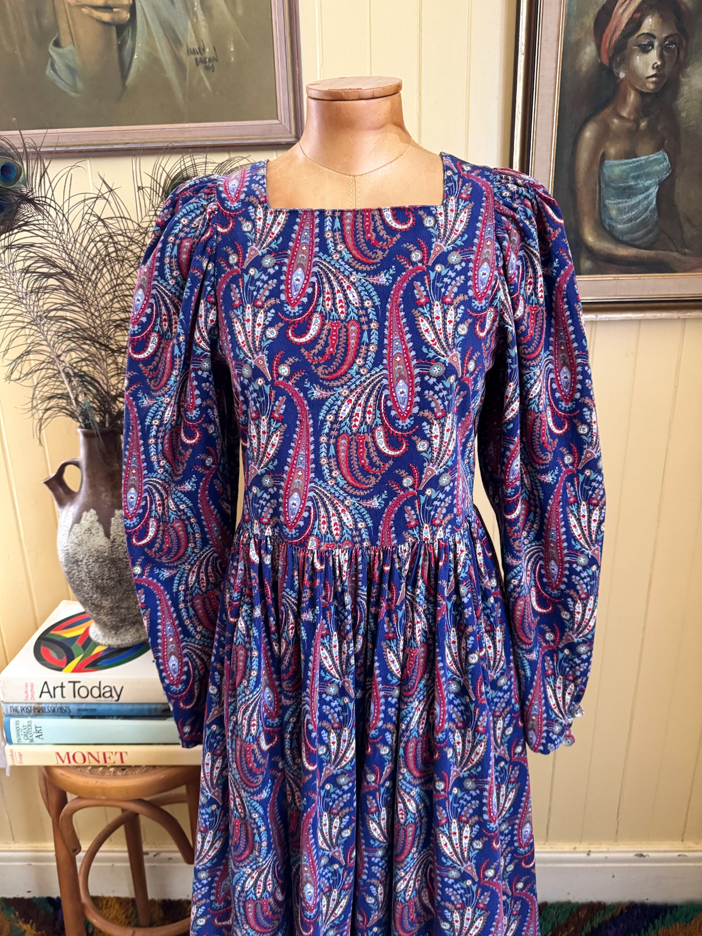 VINTAGE 1980S ENGLISH LAURA ASHLEY COTTON CORDUROY PAISLEY PRAIRIE DRESS S