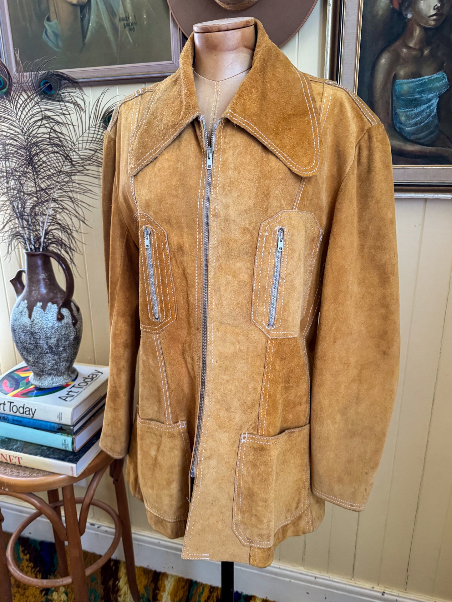 VINTAGE 1970S RAGE MUSTARD SUEDE LEATHER OVERSIZED COLLAR TAILORED JACKET L