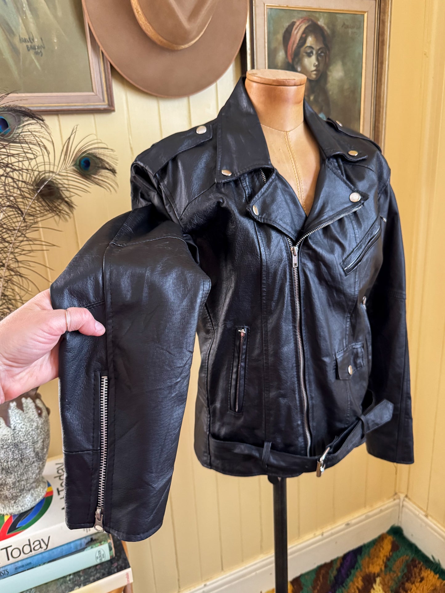 VINTAGE 1980S GIORGIO FIRMANI BLACK LEATHER MOTORCYCLE JACKET M