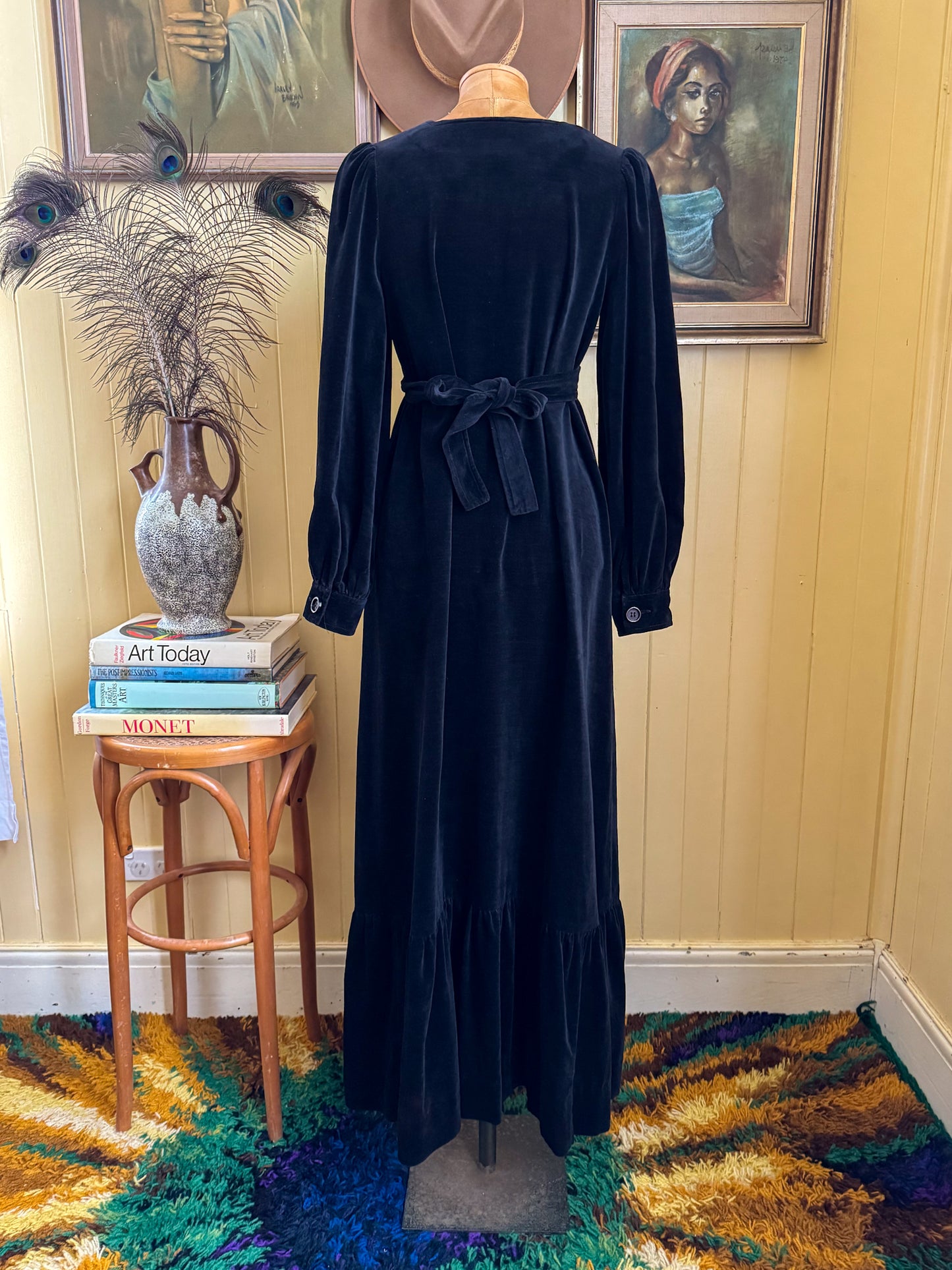 VINTAGE 1970S LIZZIE COTTON VELVET BUTTON THROUGH MAXI PEASANT DRESS S/M