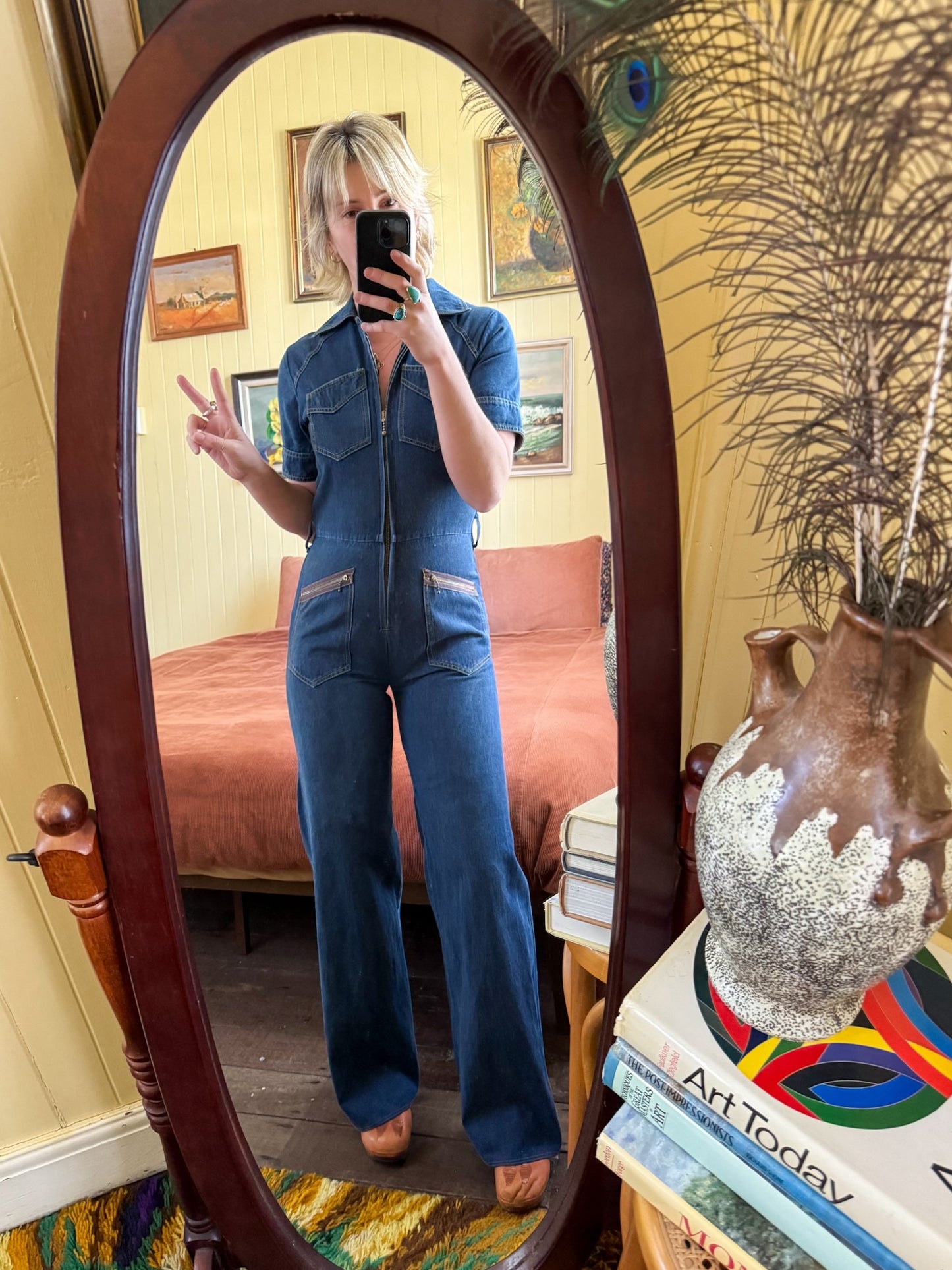 VINTAGE 1970S VADIM AUSTRALIAN COTTON DENIM WIDE LEG JUMPSUIT S/M