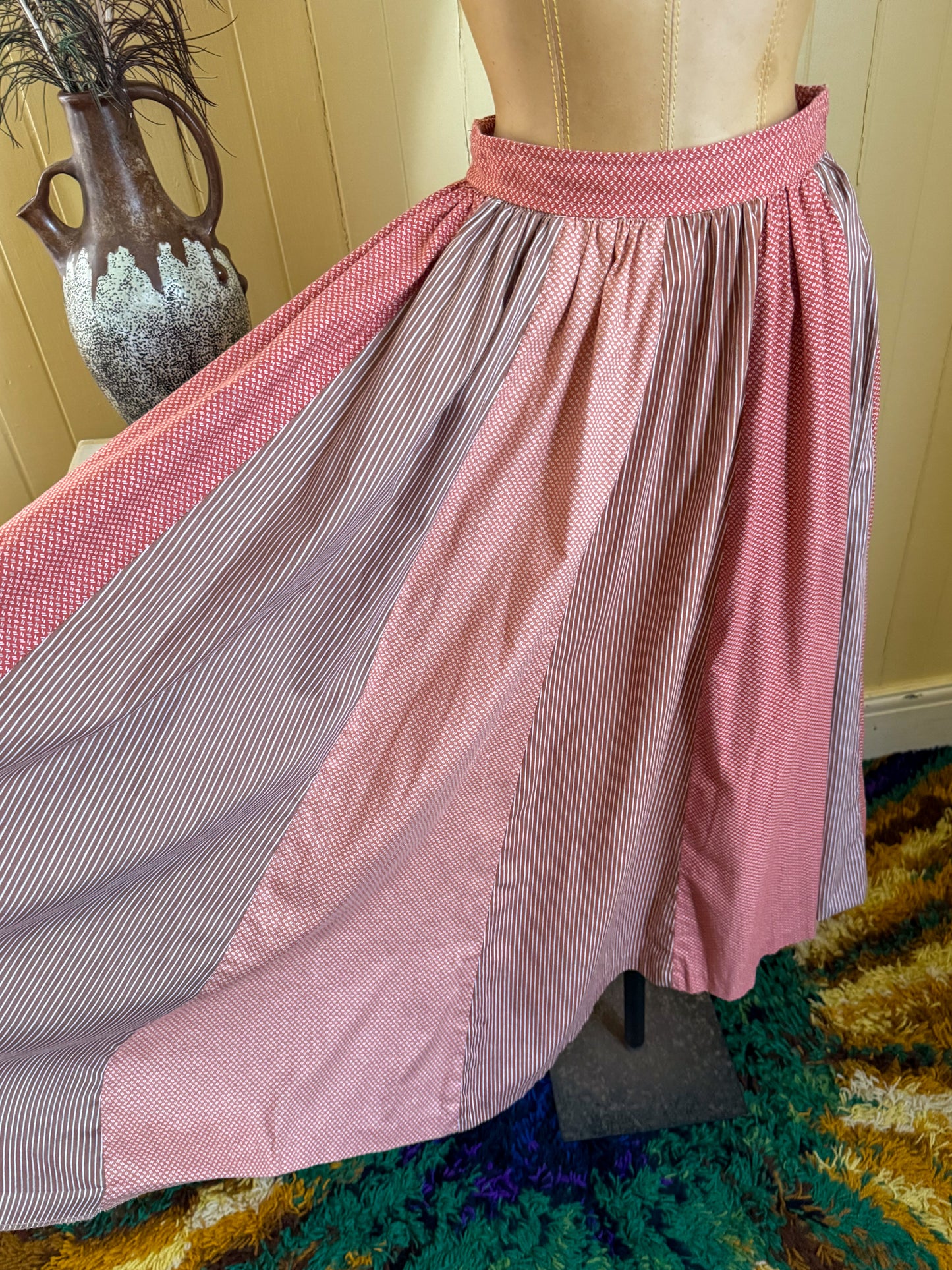 VINTAGE 1970S PRUE ACTON COTTON SPLICED PRINT PEASANT MIDI SKIRT XS