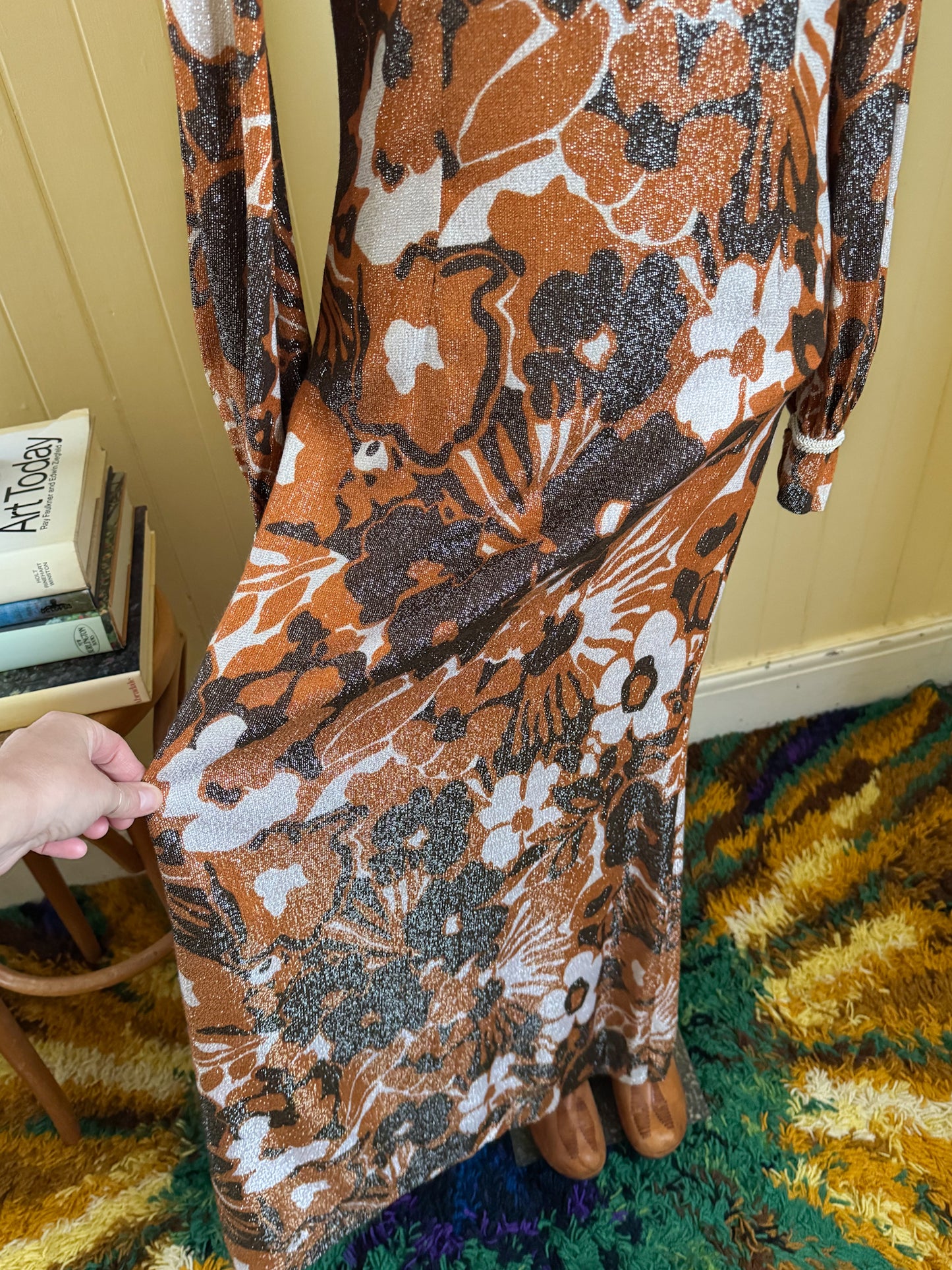 VINTAGE 1960S LUREX PSYCHEDELIC FLORAL PRINT MAXI DRESS S/M