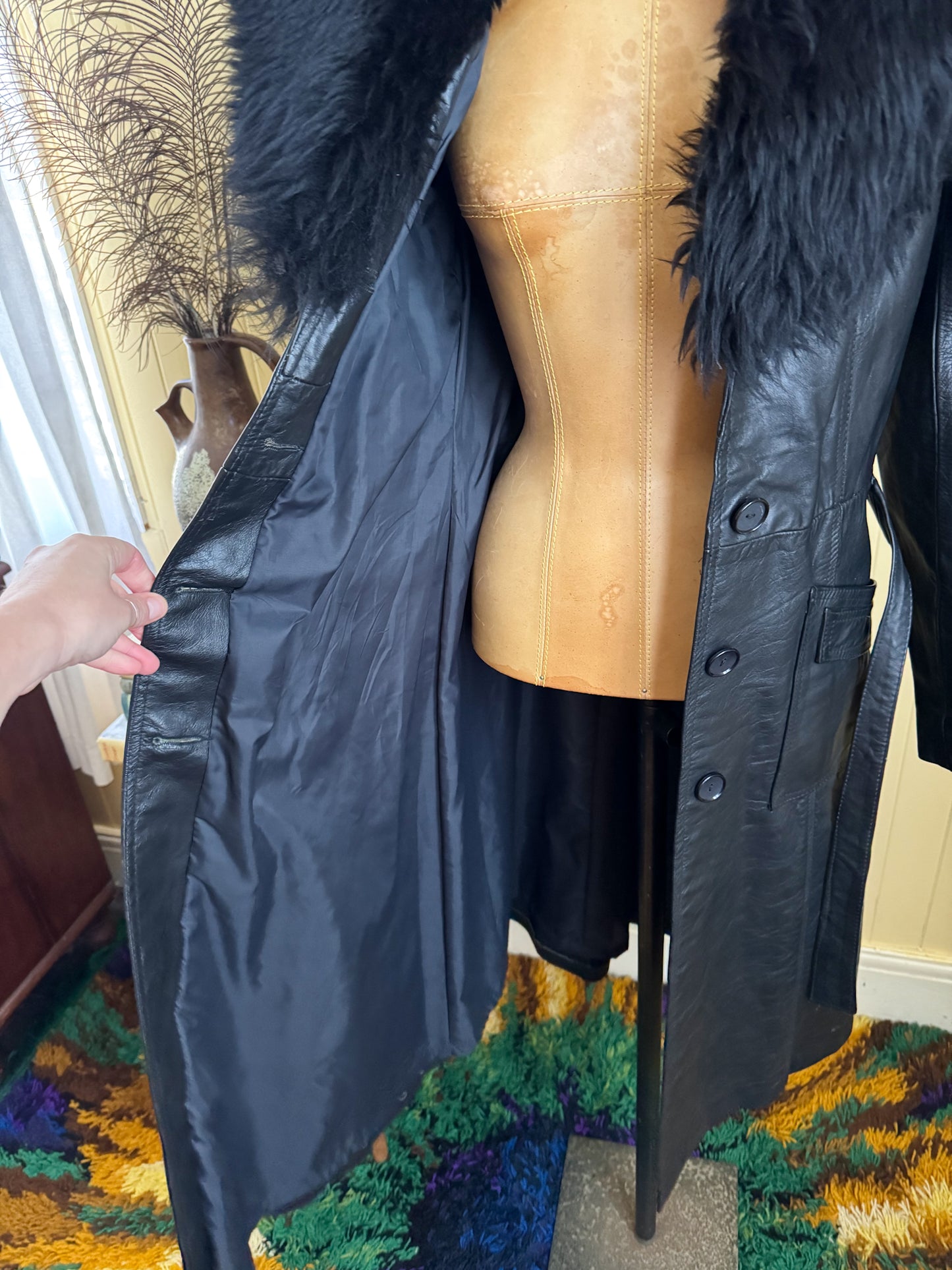 VINTAGE 1970S BLACK LEATHER PENNY LANE LONG SHEARLING COAT S