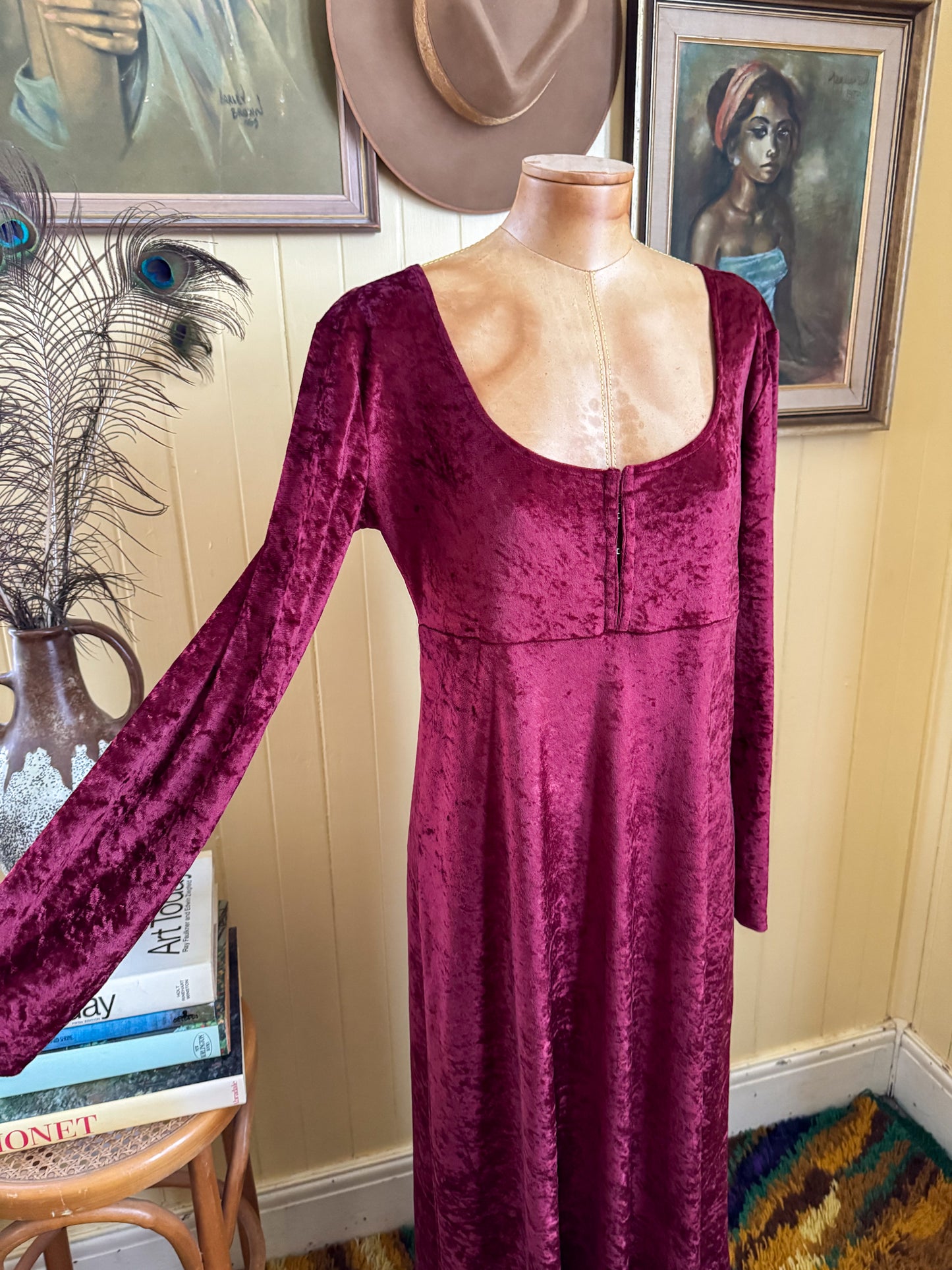 VINTAGE 1990S HOUND DOG GRUNGE VELVET SLINKY MAXI DRESS M/L