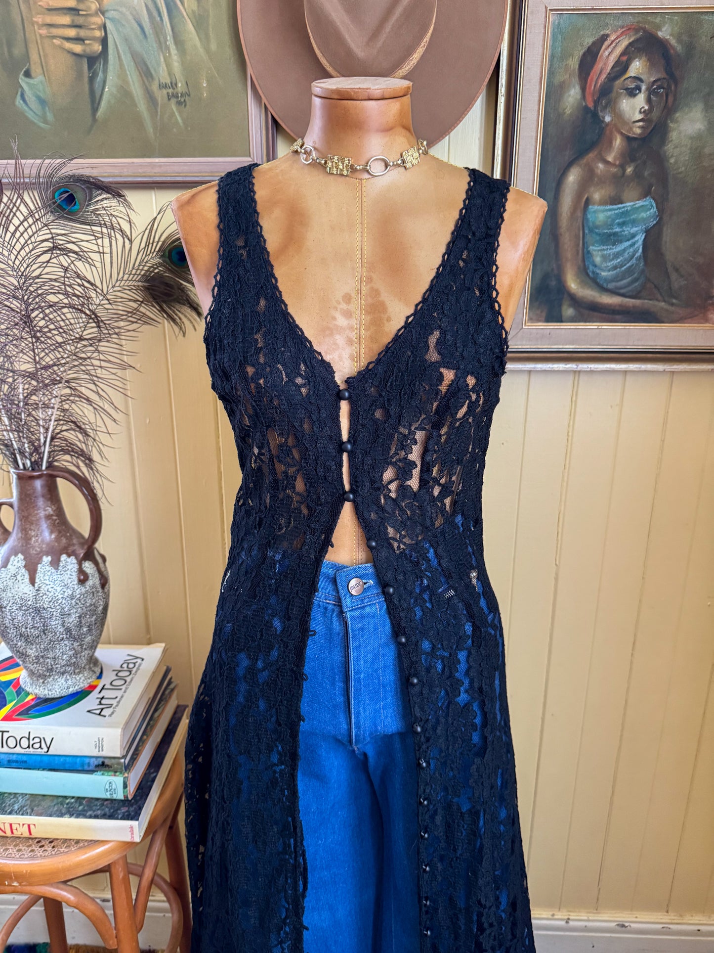 VINTAGE 1990S BLACK LACE SLEEVELESS MAXI DUSTER DRESS XS/S