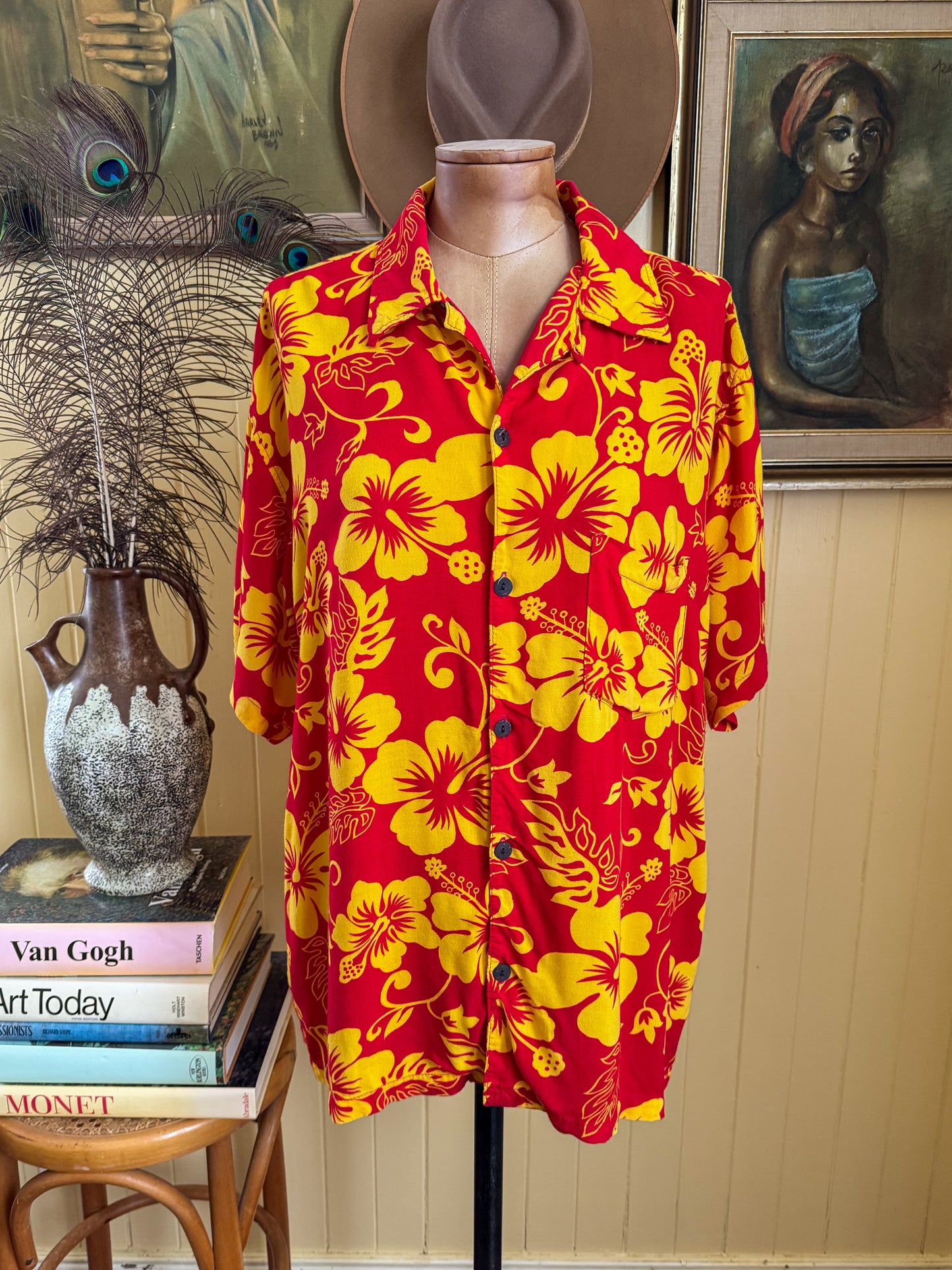 VINTAGE 1990S SUNDRENCHED HAWAIIAN PRINT RAYON OVERSIZED PARTY SHIRT M/L