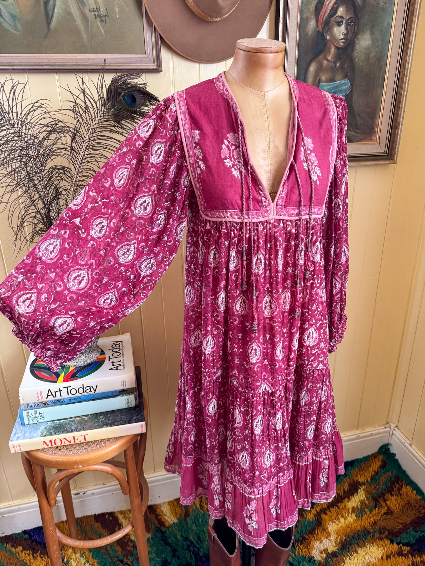 VINTAGE 1970S RARE ADINI INDIAN COTTON GAUZE MIDI DRESS S