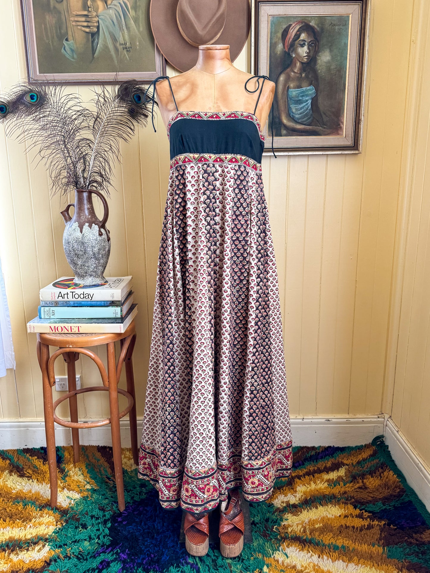 VINTAGE 1970S ANOKHI FOR MYRIAD INDIAN COTTON BLOCK PRINT STRAPPY MAXI DRESS XS