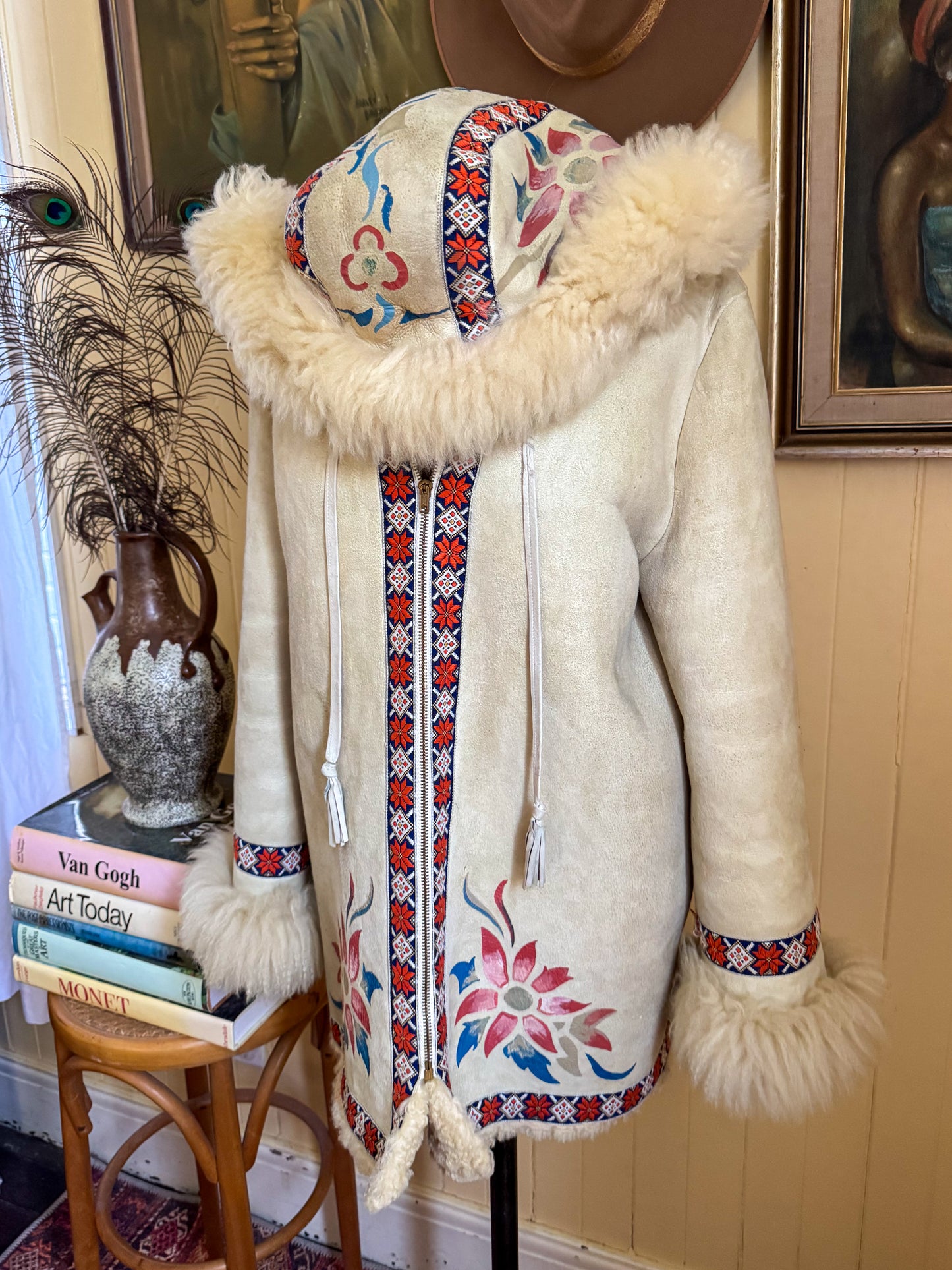 VINTAGE 1970S PENNY LANE SUEDE PAINTED SHEEPSKIN HOODED COAT M