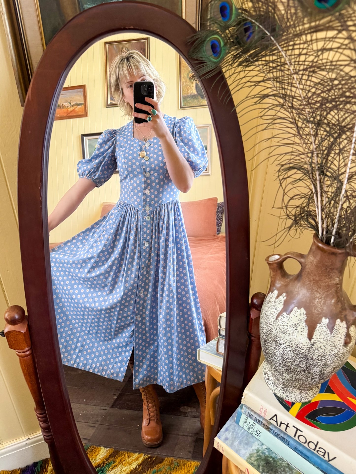 VINTAGE 1990S PERRY LANDHAUS COTTON FLORAL PRINT DIRNDL DRESS S/M