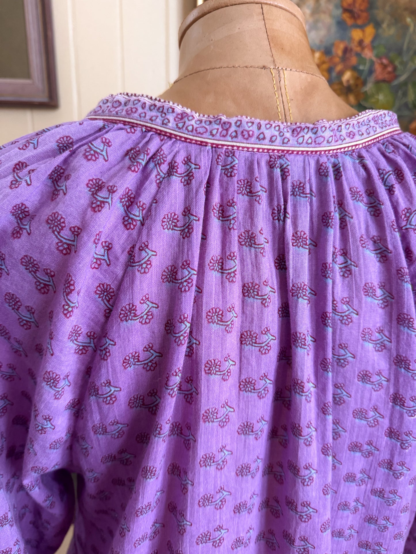 VINTAGE 1970S LASTANGO PAKISTANI COTTON GAUZE BLOCK PRINT BLOUSE S/M