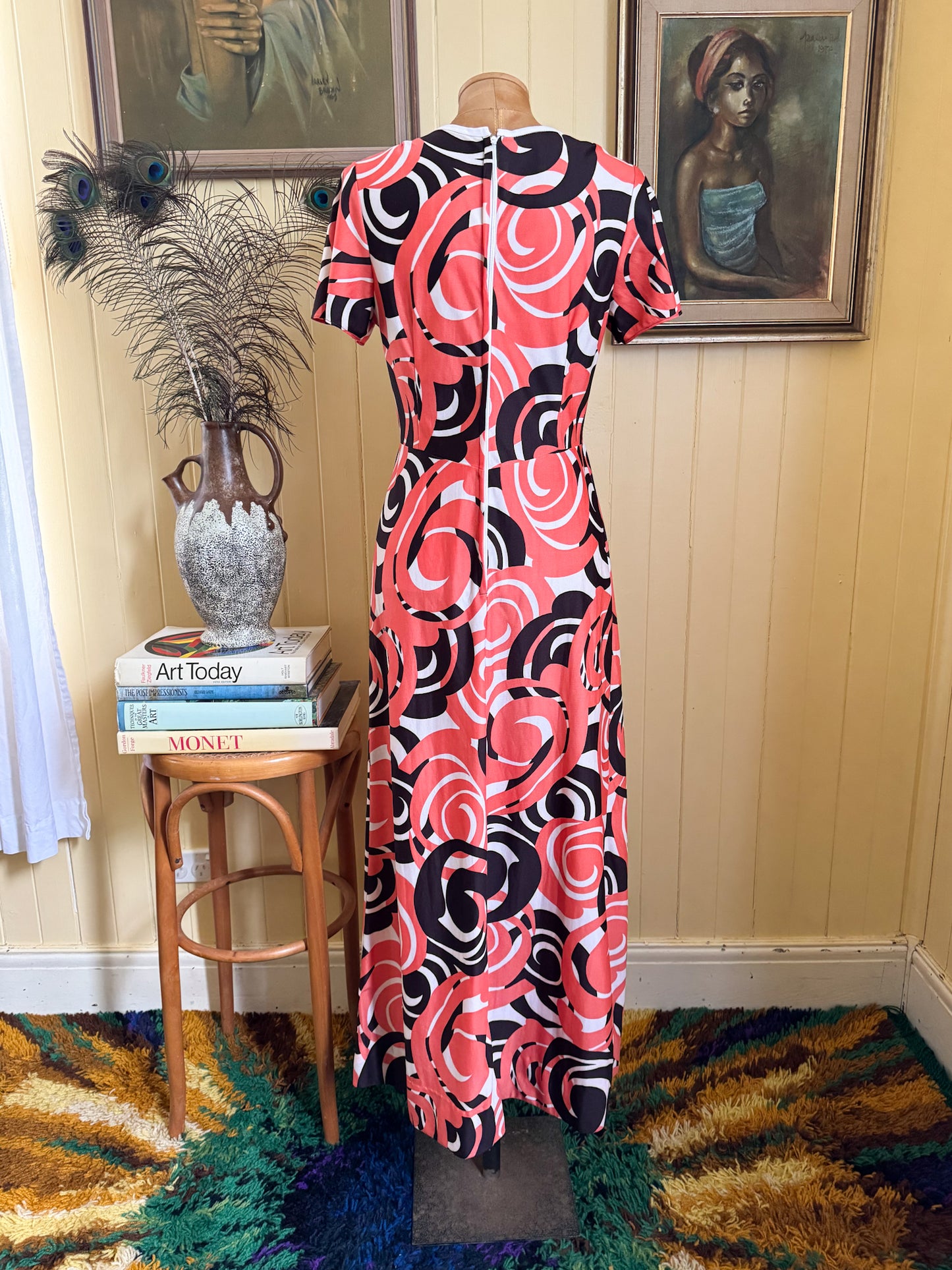 VINTAGE 1970S COLLETTE SYDNEY PSYCHEDELIC FLORAL PRINT MAXI DRESS M