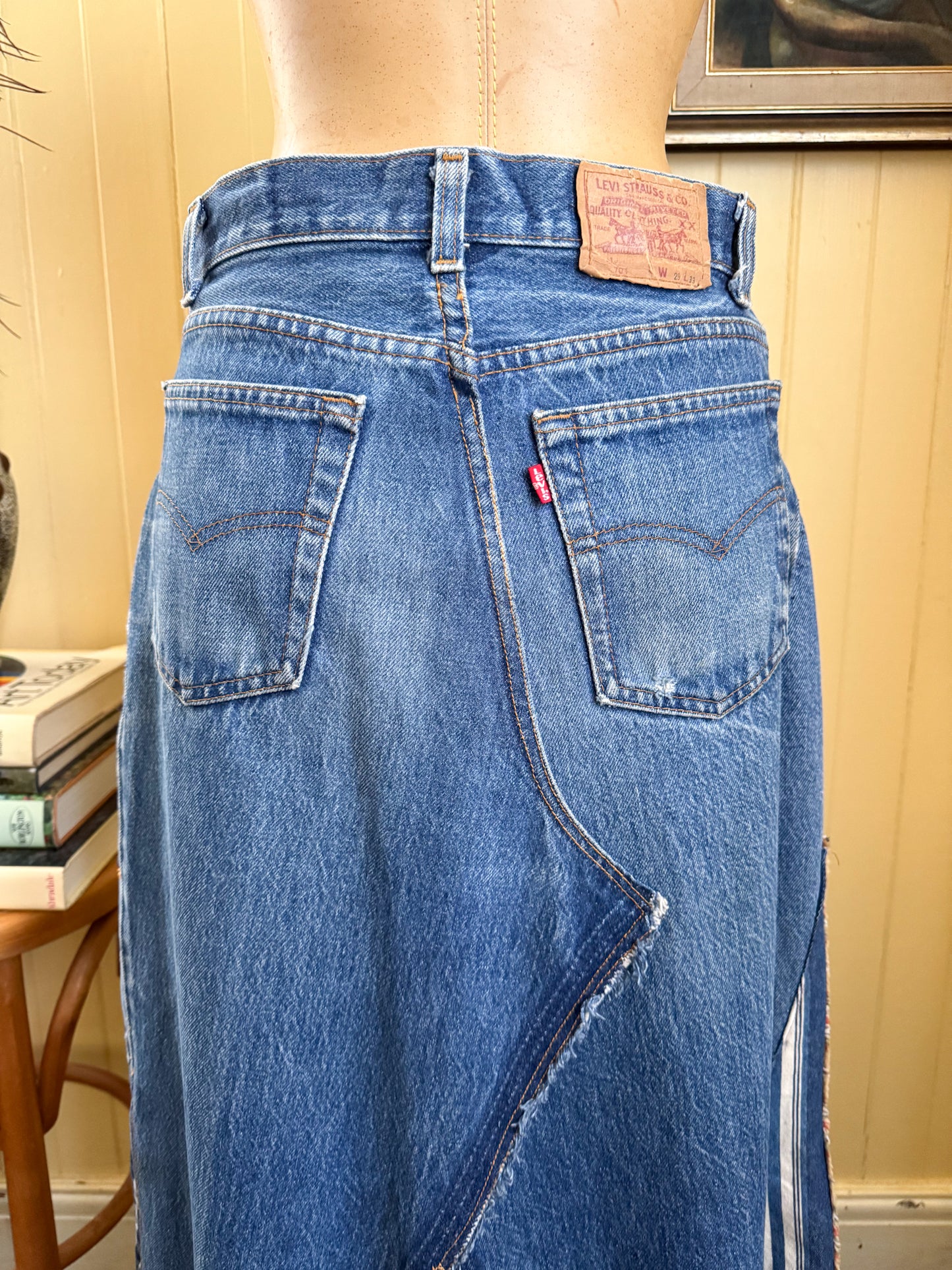 VINTAGE REWORKED LEVI’S COTTON DENIM PATCHWORK SPLICED MAXI SKIRT M