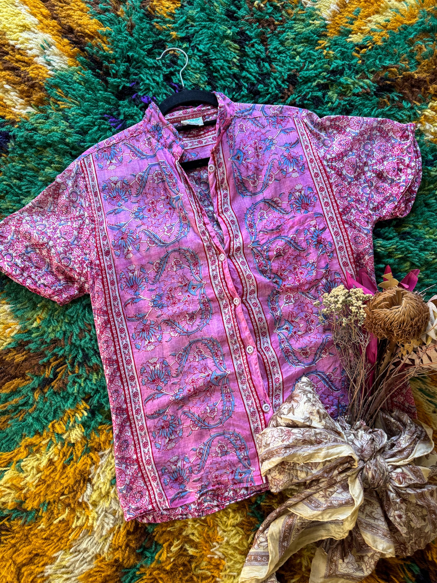 VINTAGE 1970S INDIAN COTTON GAUZE BUTTON UP PRINTED SHIRT S/M