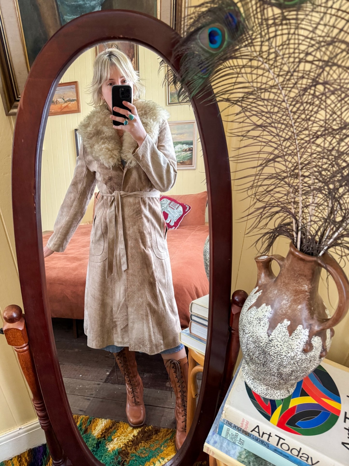 VINTAGE 1970S ENGLISH NATURAL SUEDE SHEEPSKIN LONGLINE WRAP COAT S/M