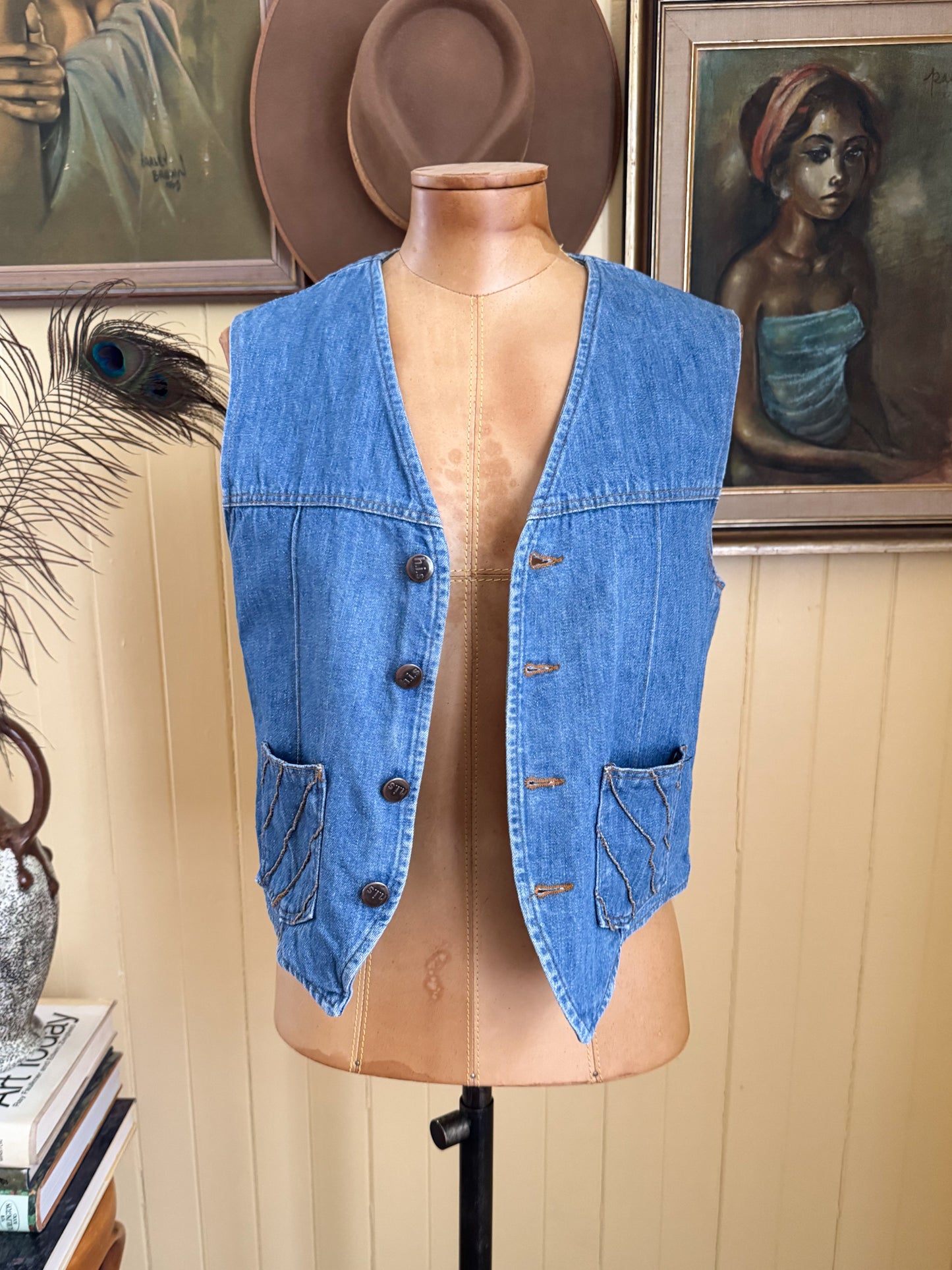 VINTAGE 1970S H.I.S. COTTON DENIM POCKET WAISTCOAT VEST S/M